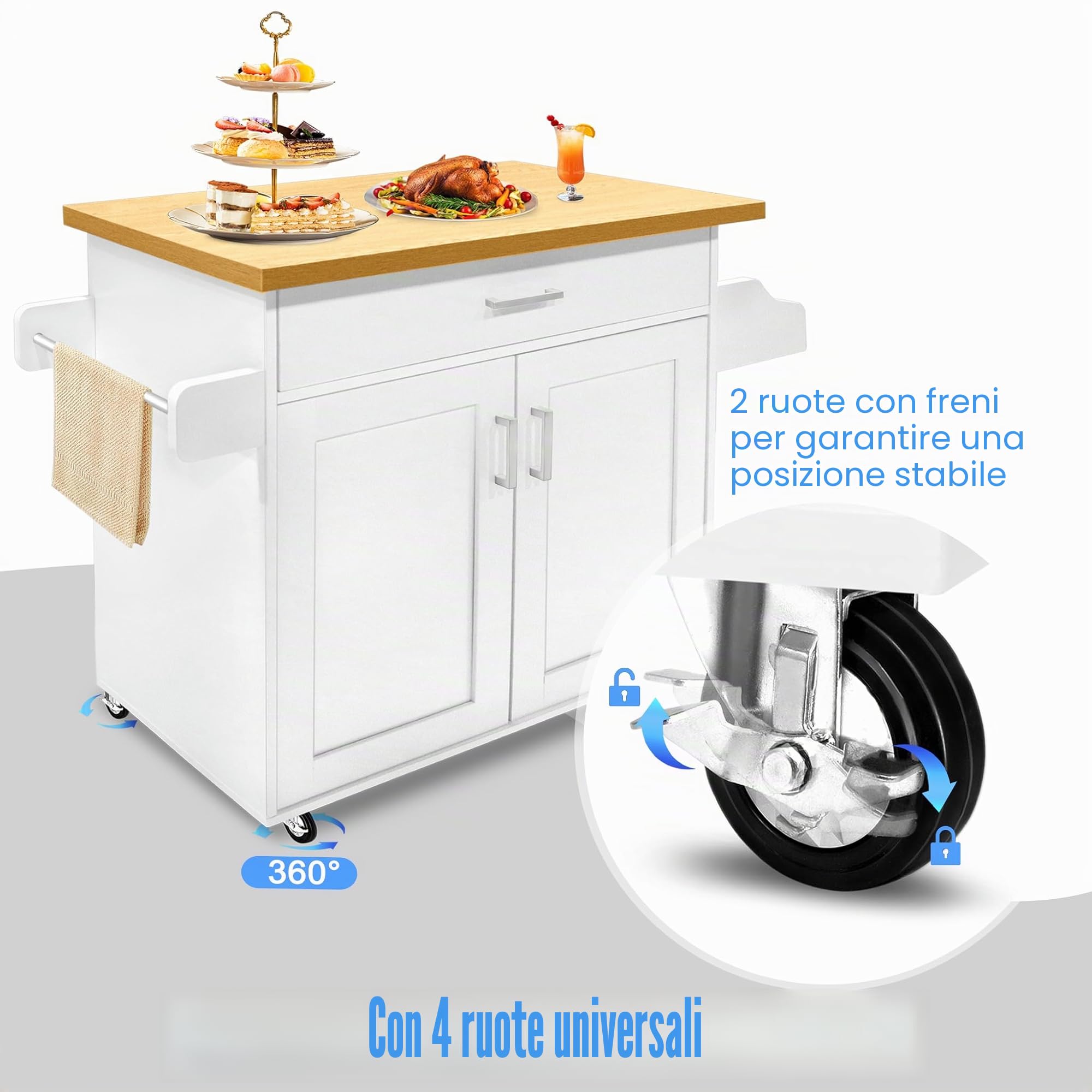 UISEBRT Carrello da cucina con piano di lavoro, isola da cucina in legno, mobile da cucina su ruote, carrello da portata con cassetto e ripiano, carrello da cucina in stile rustico, bianco