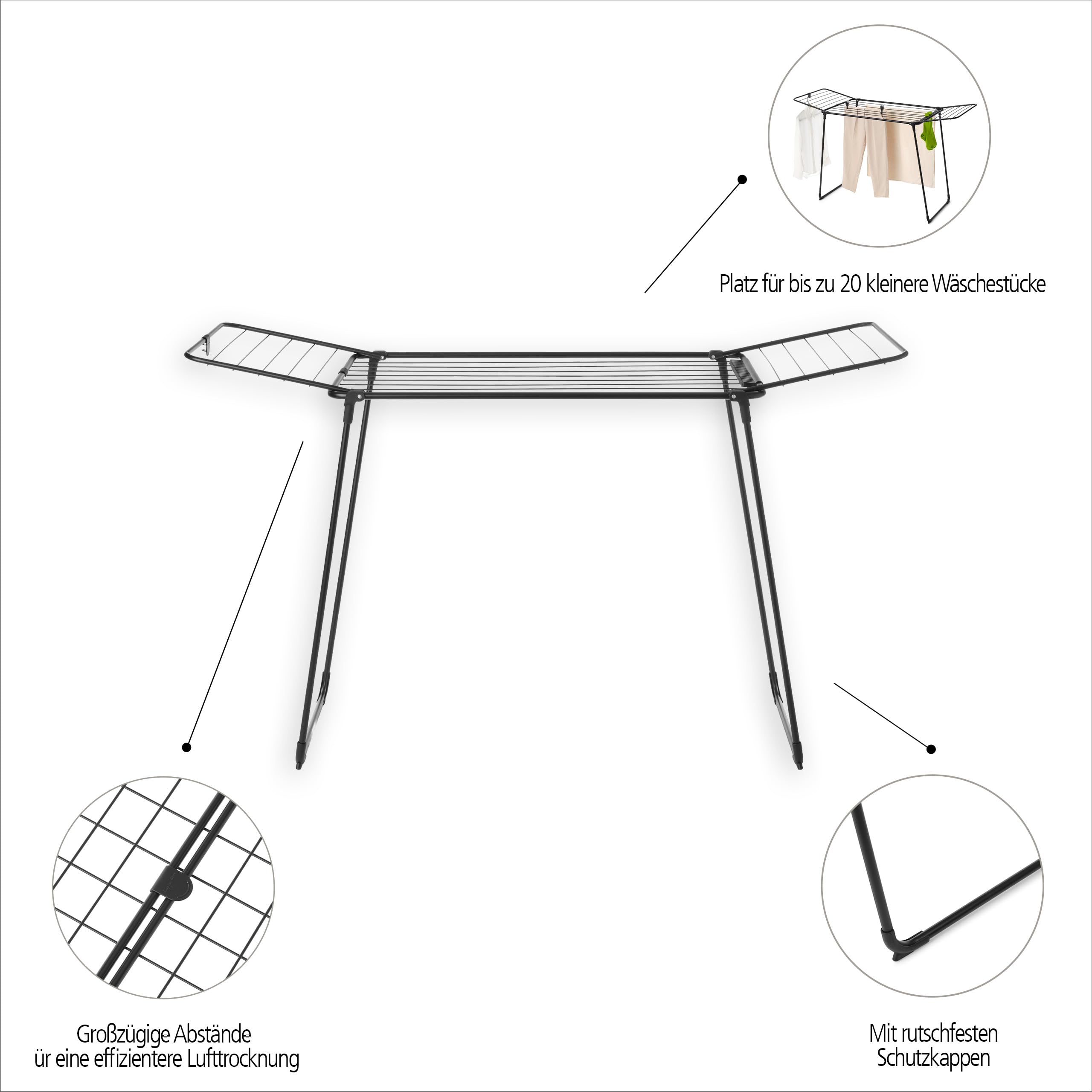 Brabantia HangOn Drying Rack, 18 m (Mattschwarz), Standtrockner mit Trockenfläche bis zu Zwei Waschladungen, Wäscheständer platzsparend, zusammenfaltbar, für große und kleine Wäschestöcke