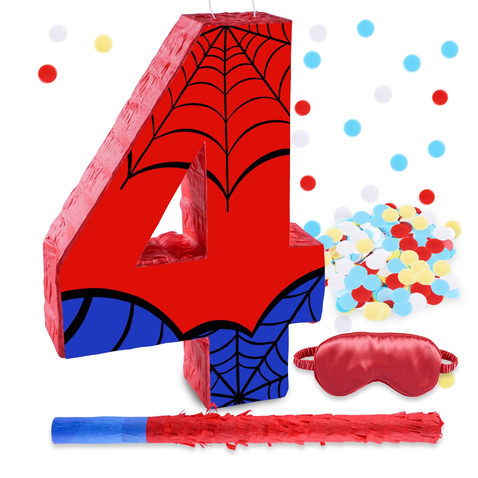 16 Inch Number 4 Spider Pinata with 16 Inch Piñata Stick Blindfold Confetti for Boy Girl Kids 4th Birthday Party Decorations (4th)