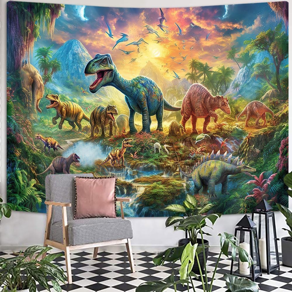 GOAOK Dinosaur Decor Tapestry for Kids Boys Bedroom, Dino Forest Anicient Animals Fairytale Tapestries Wall Hanging for College Dorm Home, Funny T-Rex Poster Blanket 80X60 Inch