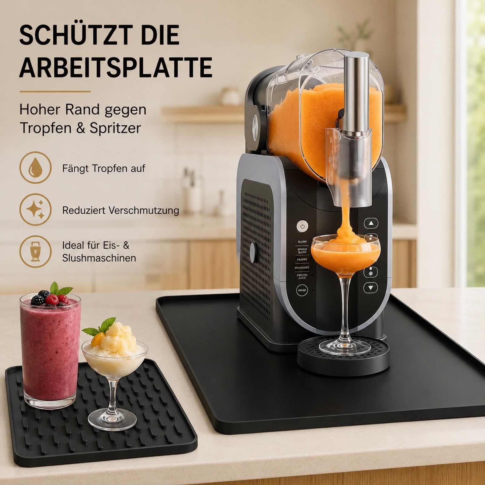 2-in-1 Silikonmatte für Ninja CREAMi & SLUSHi Zubehör, 60 x 40 cm mit Zusatzmatte – Arbeitsplattenmatte Unterlage mit erhöhtem 1 cm Rand, auslaufsicher, rutschfest & spülmaschinenfest