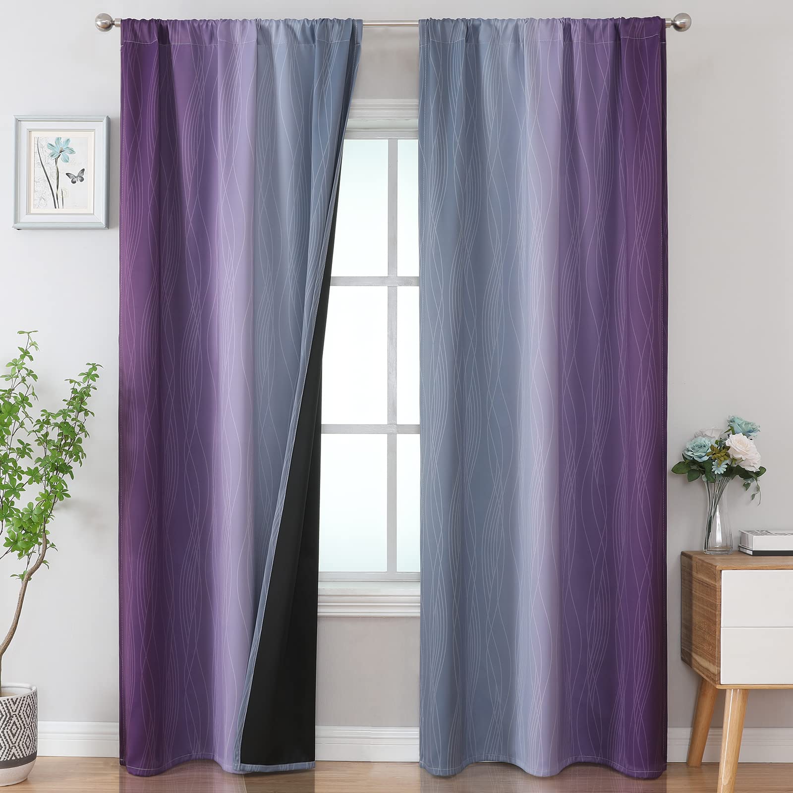 Estelar Textiler Purple and Grey Blackout Curtains for Bedroom, Light Blocking Two Tone Gradient Drapes with Wave Line Pattern, Room Darkening Rod