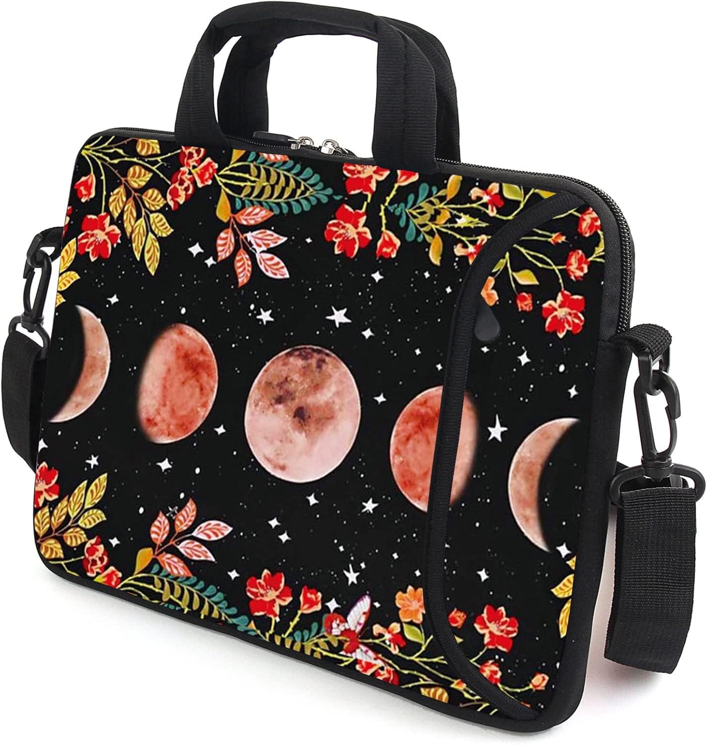 AMARY 15.4" 15.6" laptop sleeve adjustable shoulder strap with handle accessory pocket for men women (Flowers Moon) - Image 2