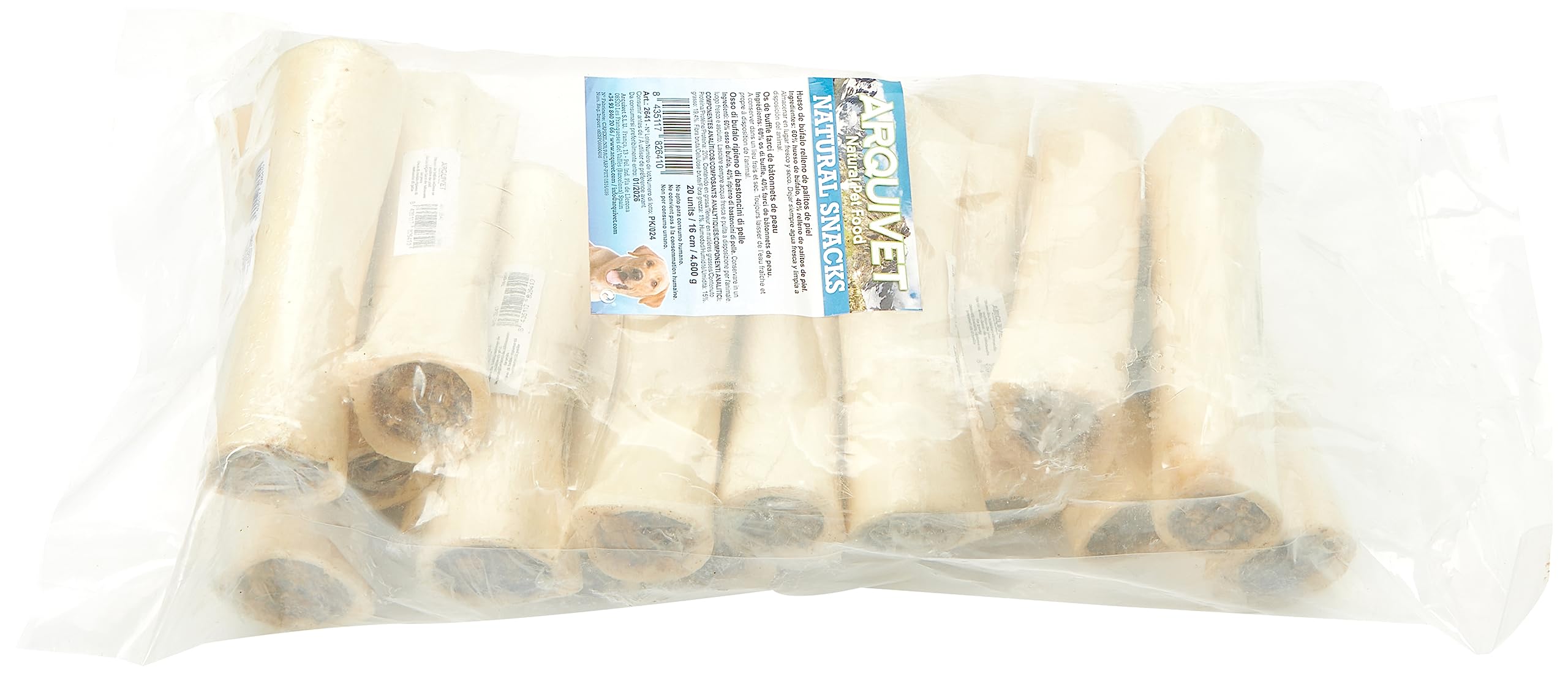ARQUIVET Hueso de búfalo Relleno de palitos de Piel - 16 cm - Caja expositora de 20 Unidades - 4.600 g - Snack Natural para Perros
