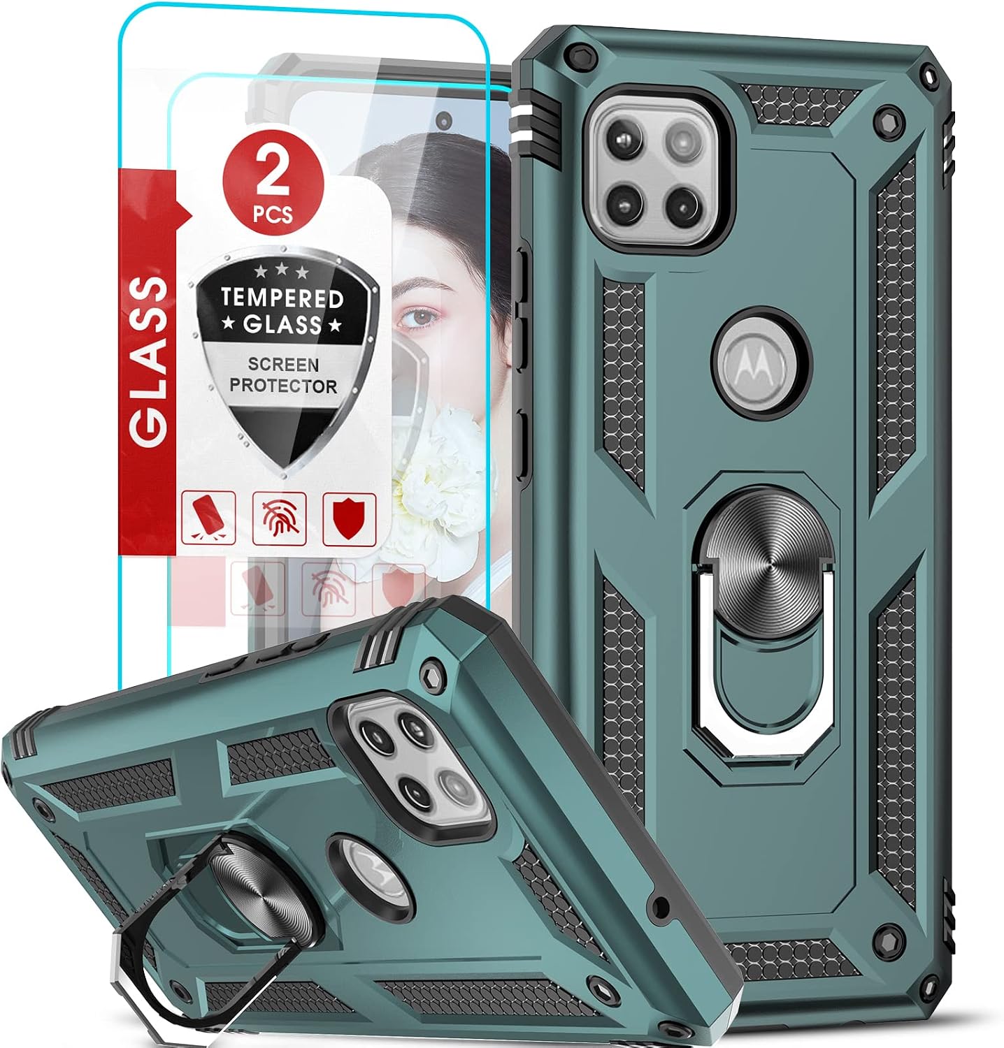 LeYi Phone Case for Motorola One 5G Ace, Moto One 5G Ace Case with [2 Packs] Tempered Glass Screen Protector, [Military-Grade] Case Cover with Ring Kickstand for Moto One 5G Ace, Green