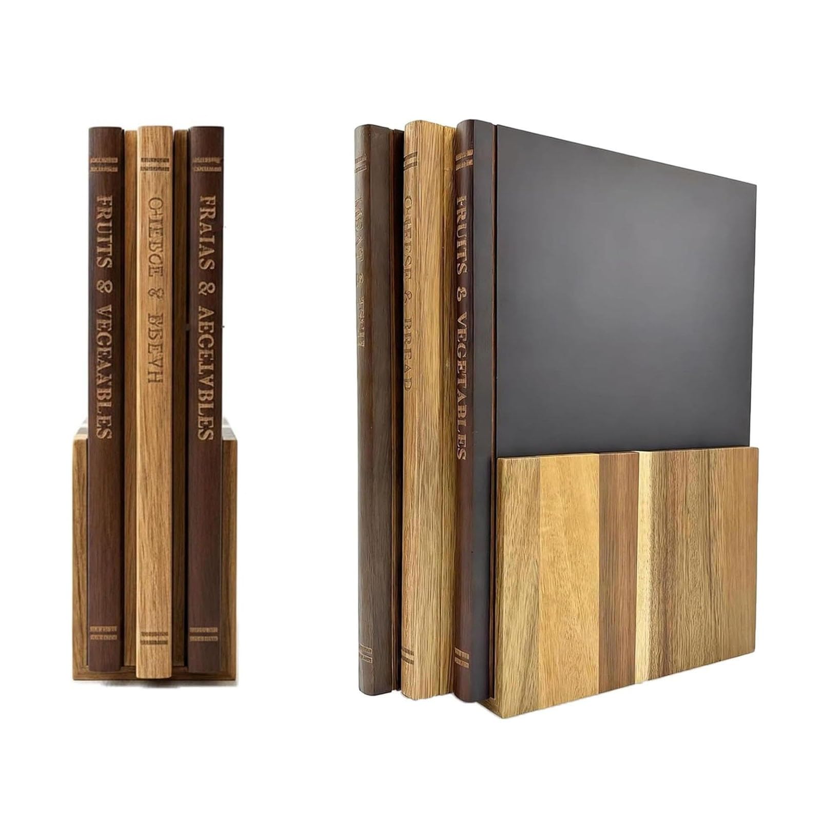Set di 3 taglieri in legno che sembrano libri, con supporto espositivo in legno. Tagliere per affettare carne, pane, frutta; tagliere da servizio decorativo per cucina e sala da pranzo