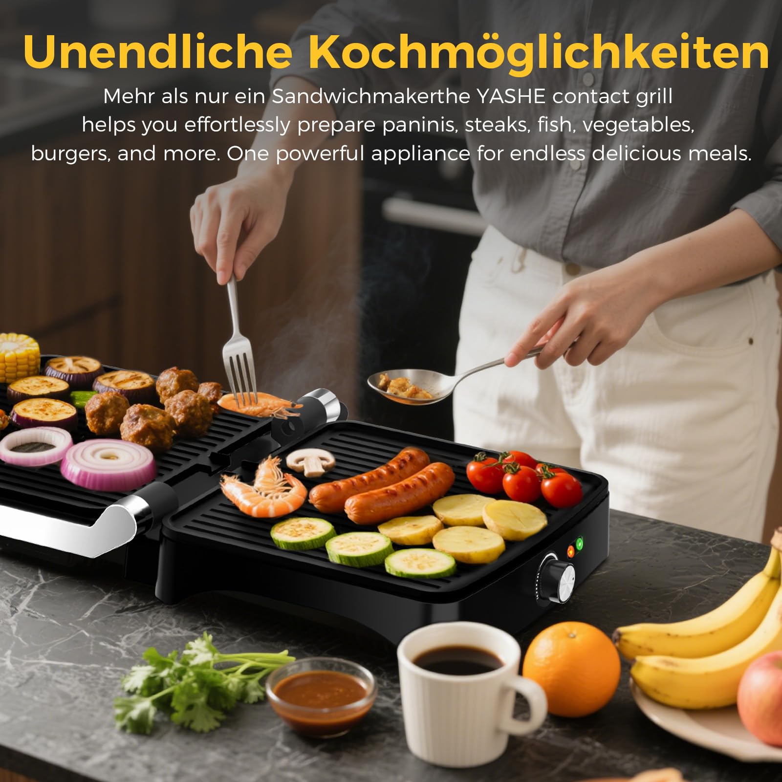 YASHE Kontaktgrill 2000W Panini Grill Sandwichmaker 4 Scheiben Elektrogrill 180° Öffnung Antihaftplatten Edelstahl Silber