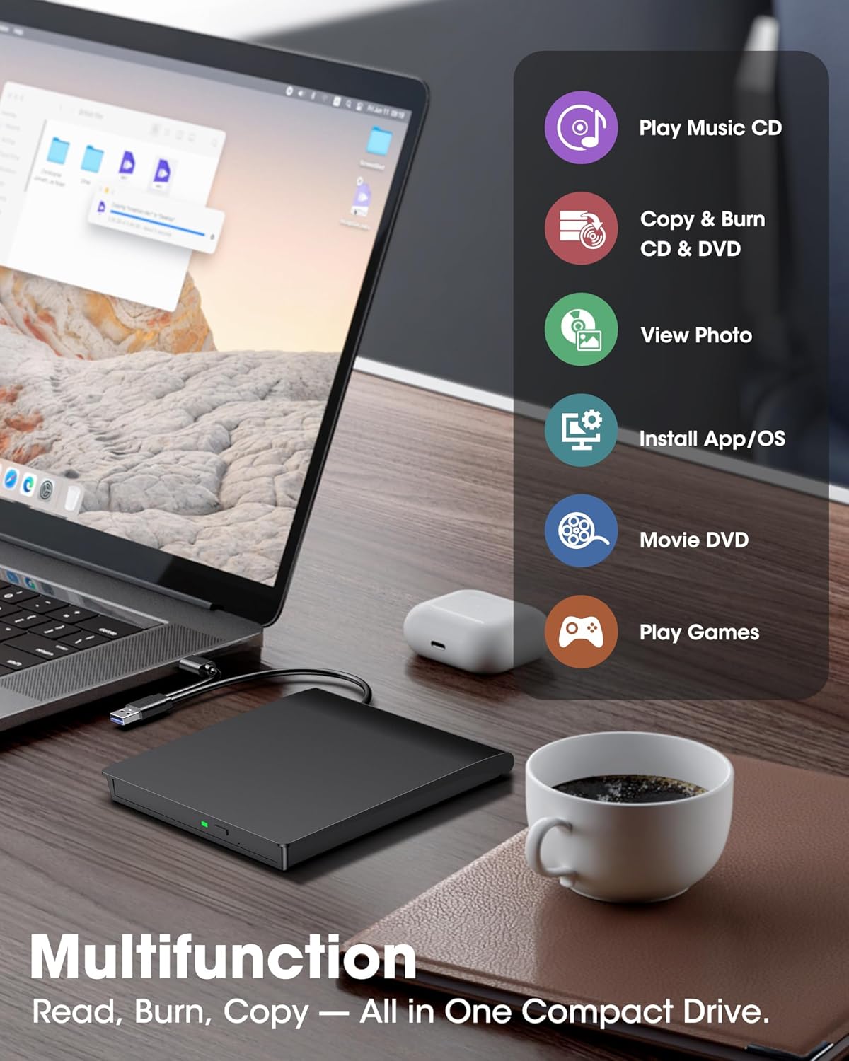 ROOFULL External CD DVD Drive for Laptop, USB 3.0 Type-C CD DVD Disc Reader Writer Burner, USB-C Portable CD DVD Player for Windows 11/10/7 PC Apple Mac MacBook Linux Computer, RF21-MAS