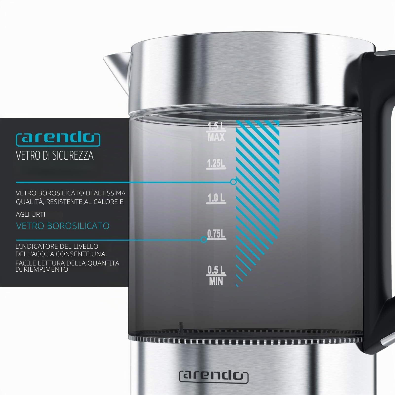 Arendo 722304681722 - Bollitore in vetro fumé con regolazione della temperatura, funzione di mantenimento in caldo, 30 min-1,5 litri, base in vetro borosilicato in acciaio INOX, design moderno