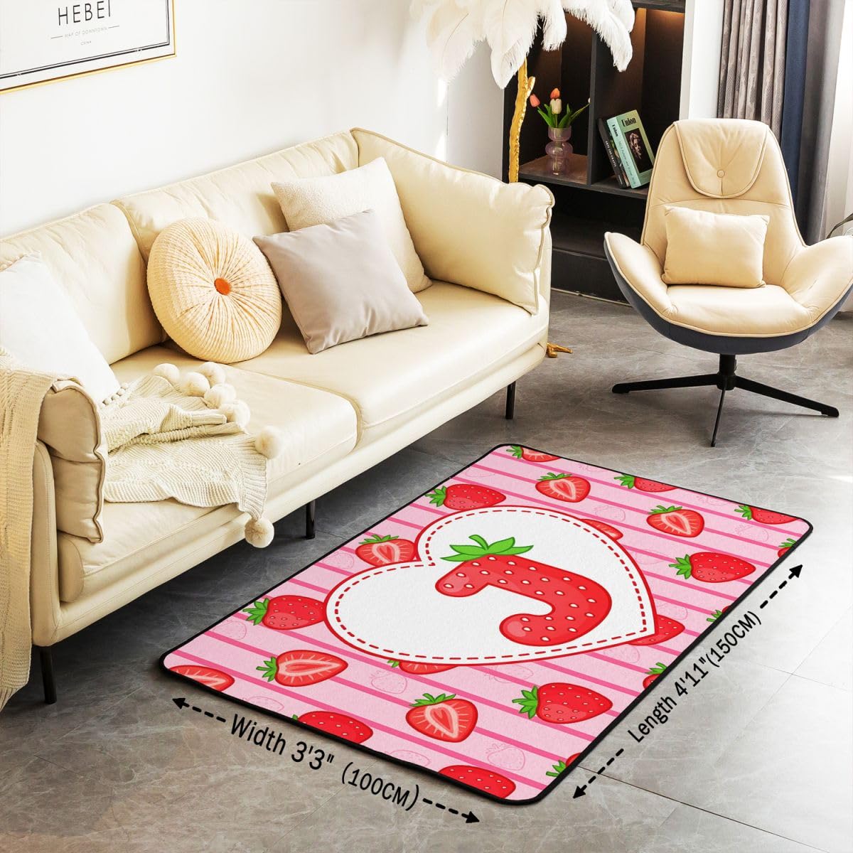 Loussiesd Tapis de Salon 100x150cm Fraise Tapis Chambre Personnalisé Lettre J pour Salon Chambre Cuisine ou entrée Kawaii Strawberries Moderne Alphabète Lettre Letter pour d’intérieur d'extérieur