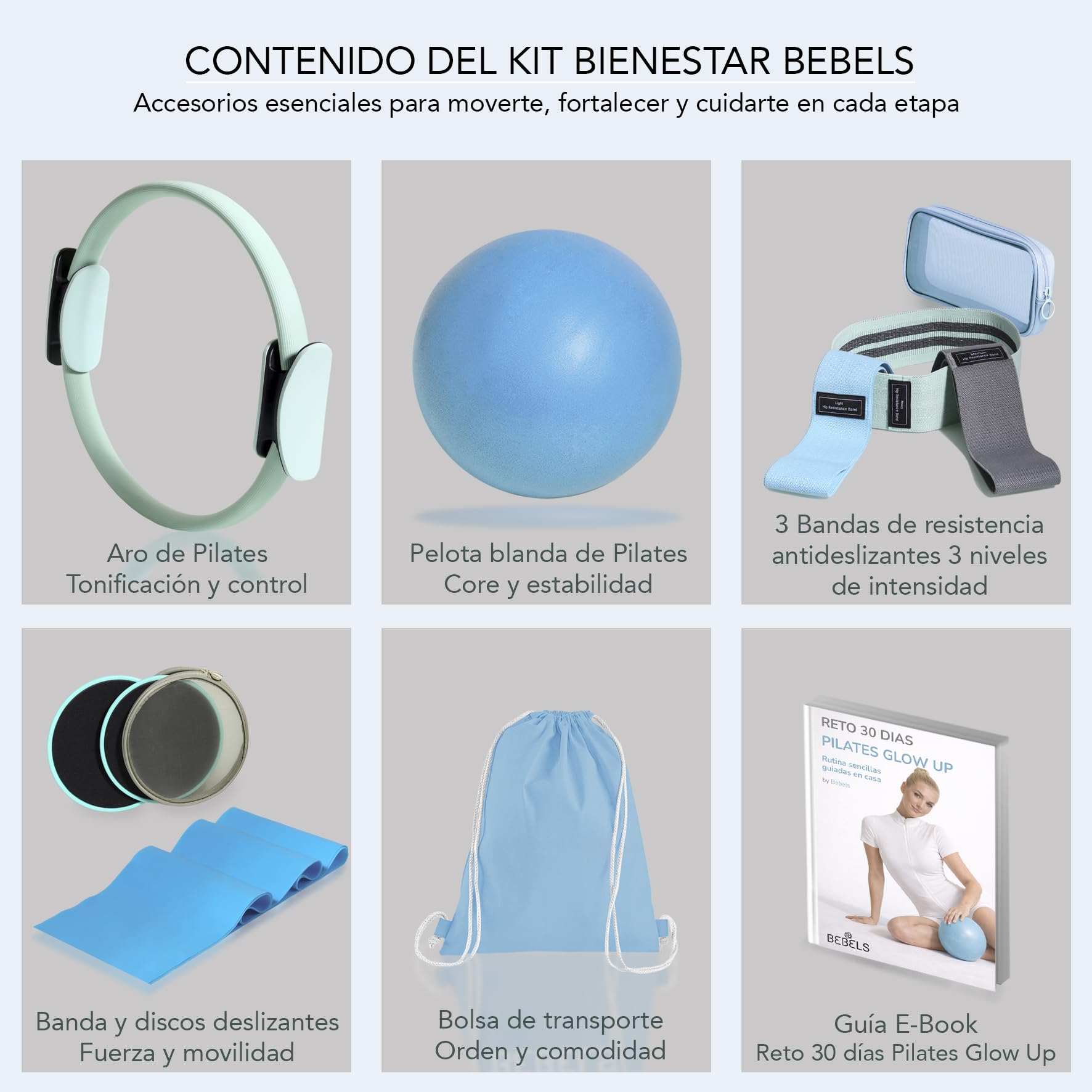 Bebels Pilates Kit, Kit Pilates en casa, Pilates en casa, Kit Gimnasio en casa,Ejercicio en casa, aro Pilates, Bandas elasticas, Pelota Pilates pequeña, Sliders Fitness, Cintas elasticas musculacion
