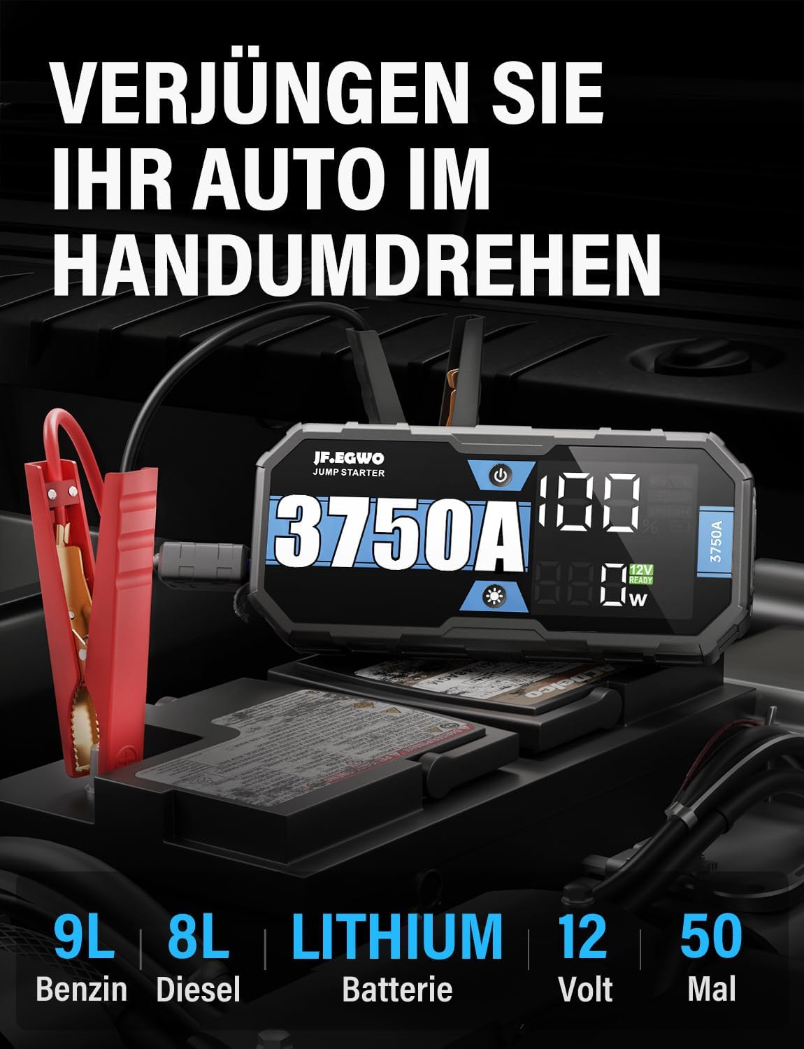 Jump starter with car, showing 9L Gas, 8L Diesel, Lithium, 12V, 50 times capabilities