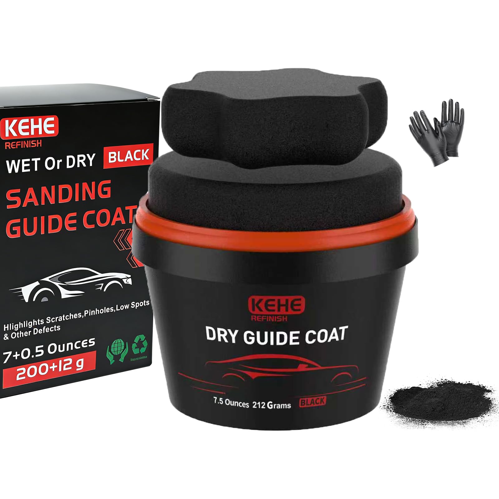7.5 oz(212g) Black Dry Guide Coat Auto Body,Ultra-Fine Sanding Powder Coat Kit-Efficiently Detects Sanding Scratches, Pinholes in Body Fillers,Repairs Surface Imperfections and Dents