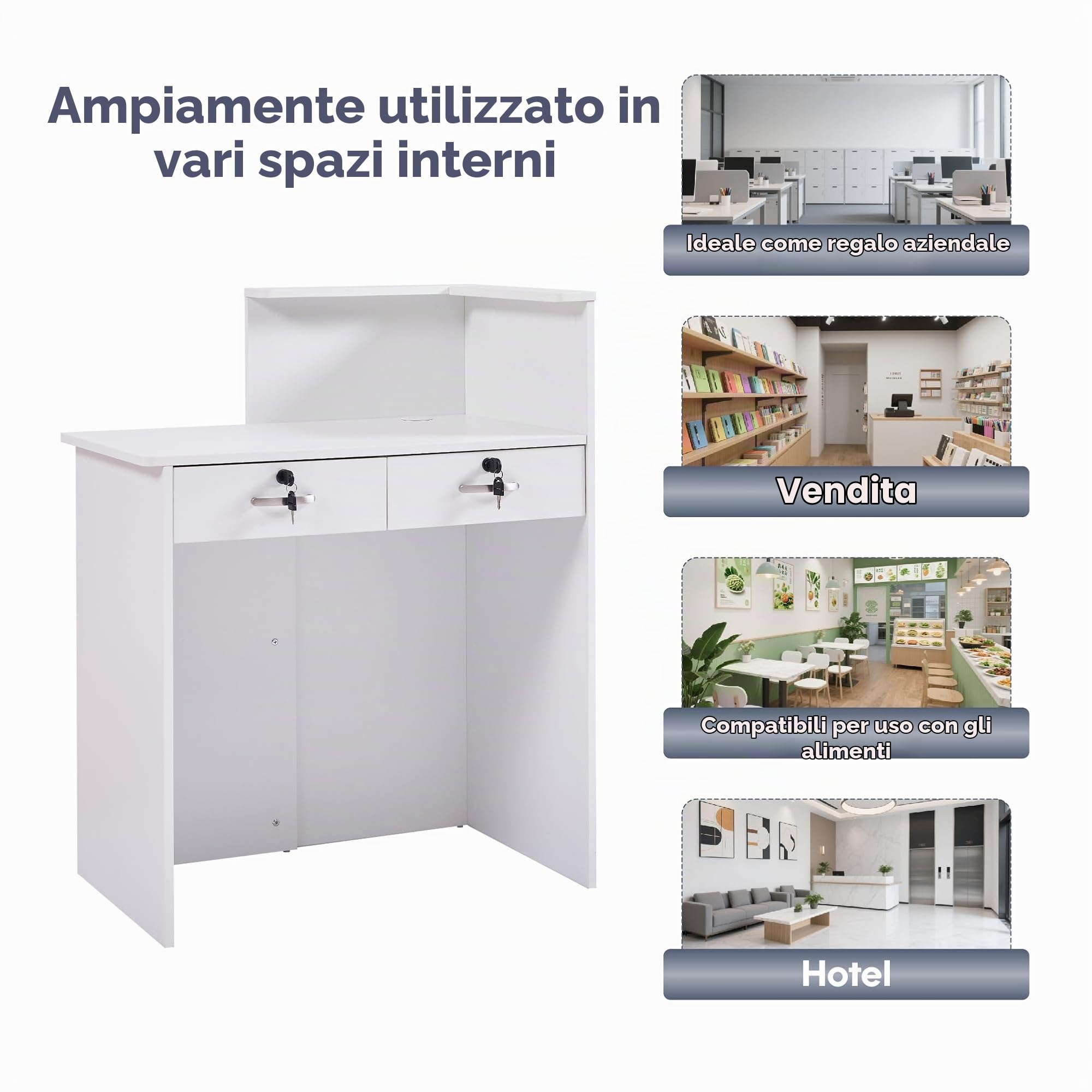 Banco Reception Piccola 80 cm Scrivania Reception in Legno Moderno Bancone Ufficio con Cassetti Chiudibili a Chiave e Ripiani Aperti per Parrucchiere, Centro Estetico, Negozio, Hotel e Ufficio
