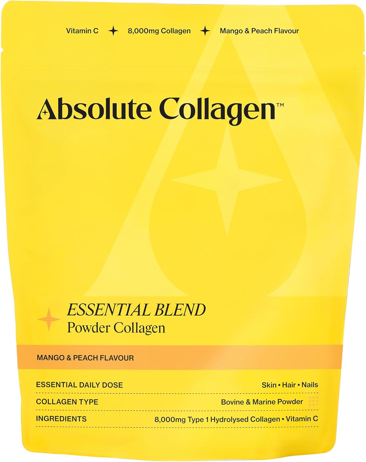 Absolute Collagen Essential Blend Halal Powder Collagen | Mango & Peach Flavour | 8000mg Collagen (5000mg Bovine & 3000mg Marine) | 60mg Vitamin C | Supports Hair, Nail & Skin Health | 28 Servings
