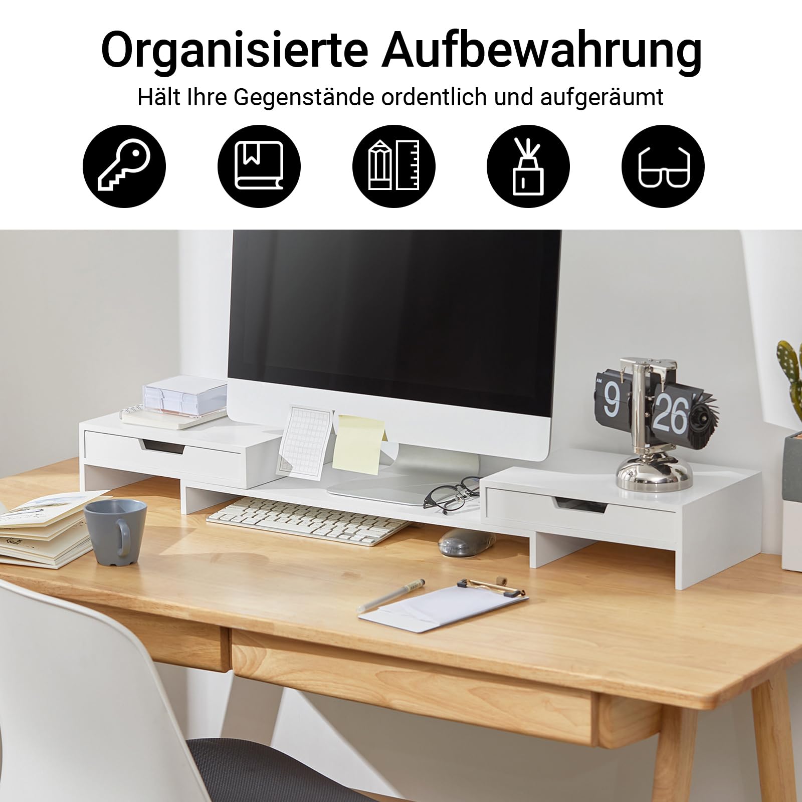 SoBuy Breitenverstellbarer Monitorständer mit 2 Schubladen, Schreibtisch Organizer, Bildschirmständer für 2 Monitore, Monitorerhöhung für Schreibtisch, Büro Organizer, Weiß, 60–107x11x22cm BBF04-W