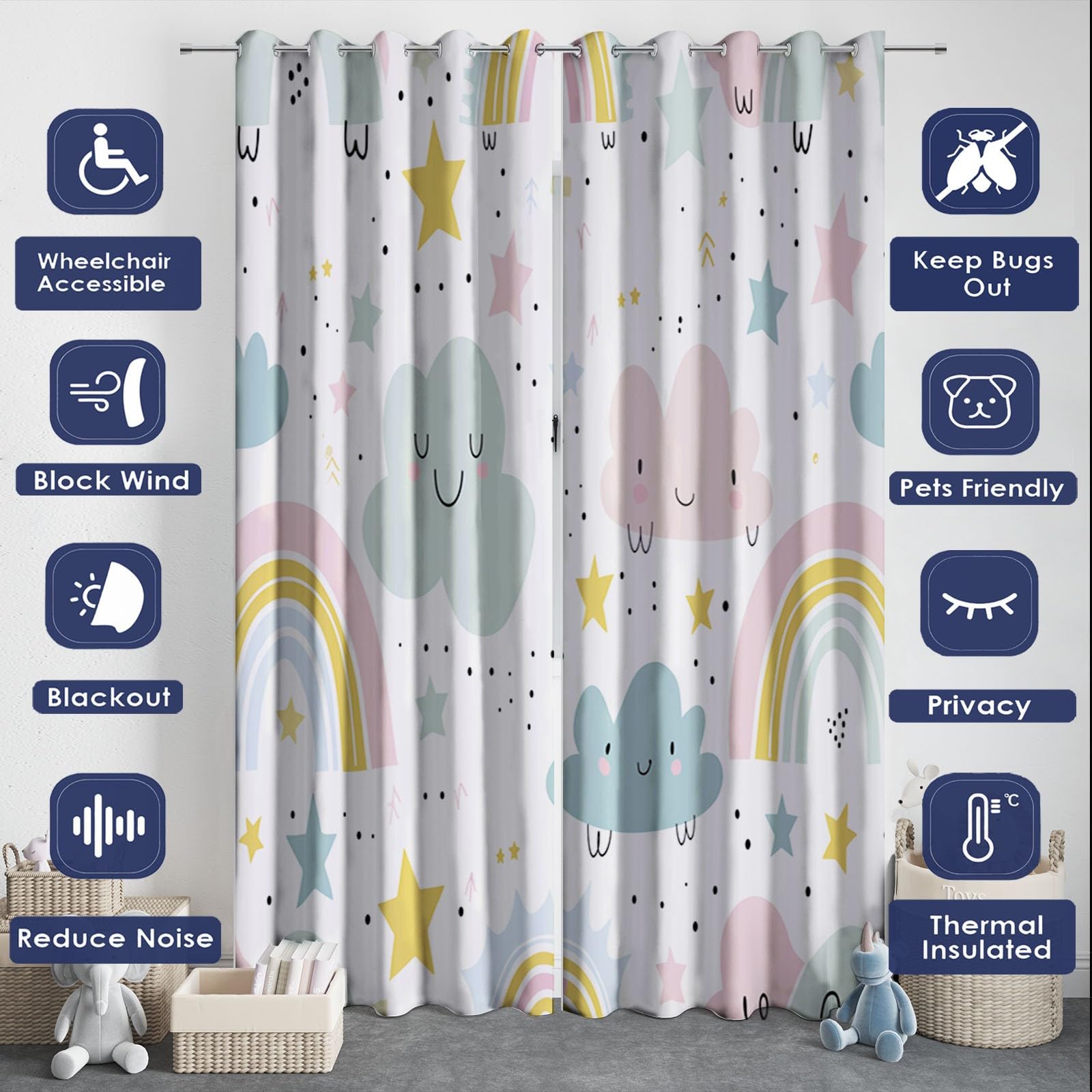 CozyRest Zasłony termiczne na przelotkach, tęczowe chmury i gwiazdy - 233 x 137 cm, izolacja i redukcja hałasu, zasłony do pokoju dziecięcego dla chłopców i salonu