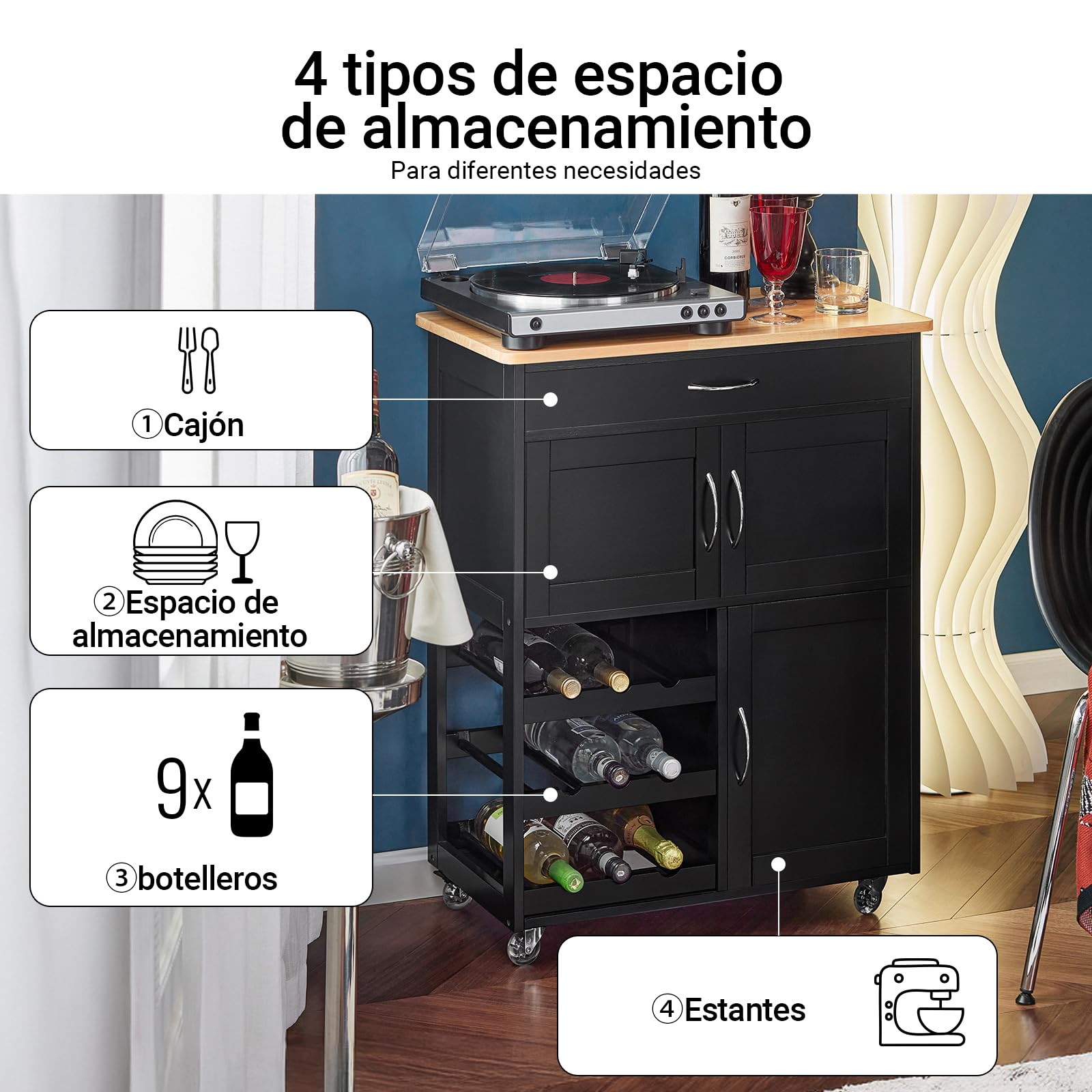SoBuy Carrito Auxiliar de Cocina, Frenos & botellero 9 Botellas, 67x86x38cm