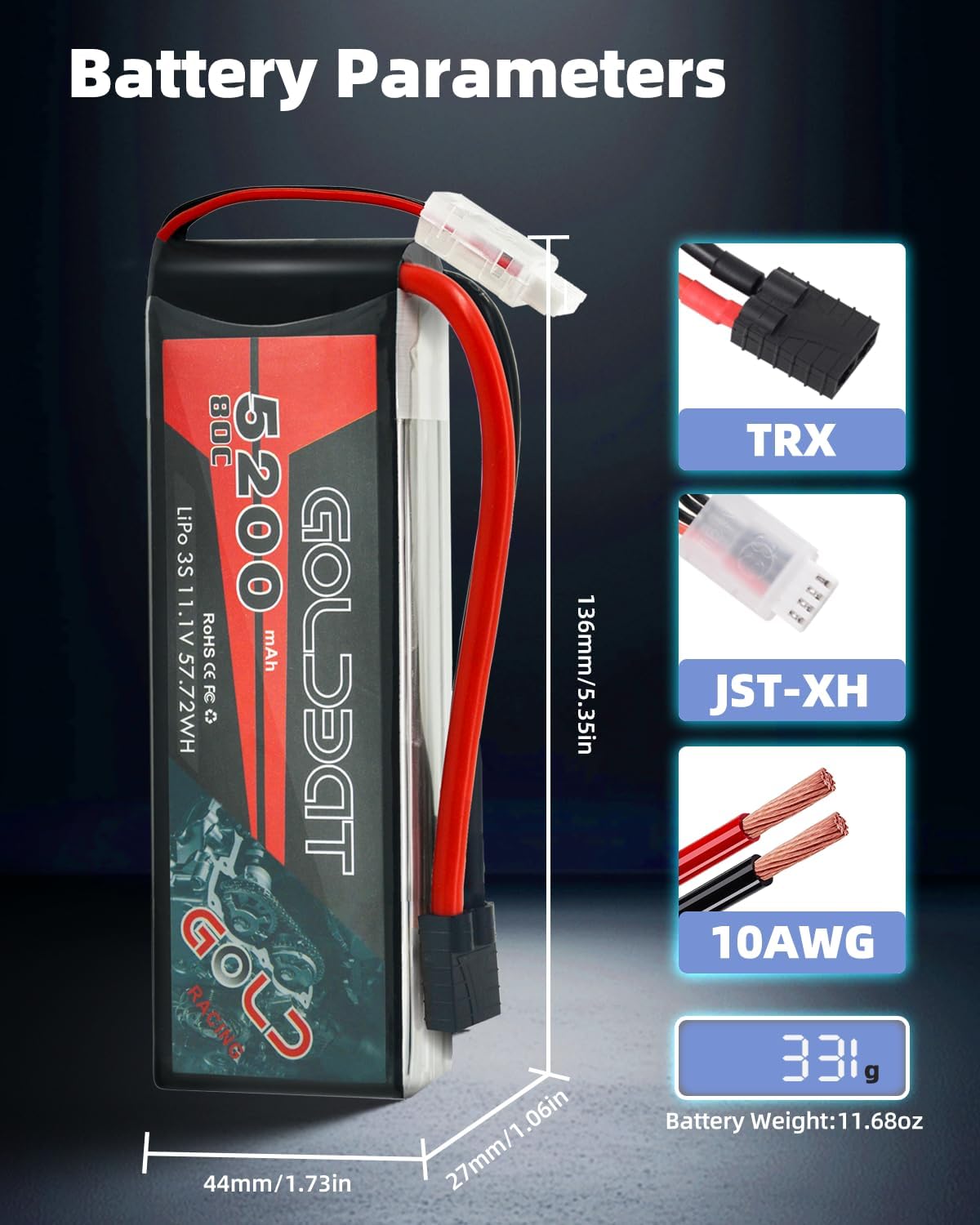 GOLDBAT 11.1V 80C 5200mAh 3S LiPo RC Battery with Tr Connector Softcase for RC Car RC Truck Airplane Helicopter Boat Car Racing RC Hobby (2 Pack)