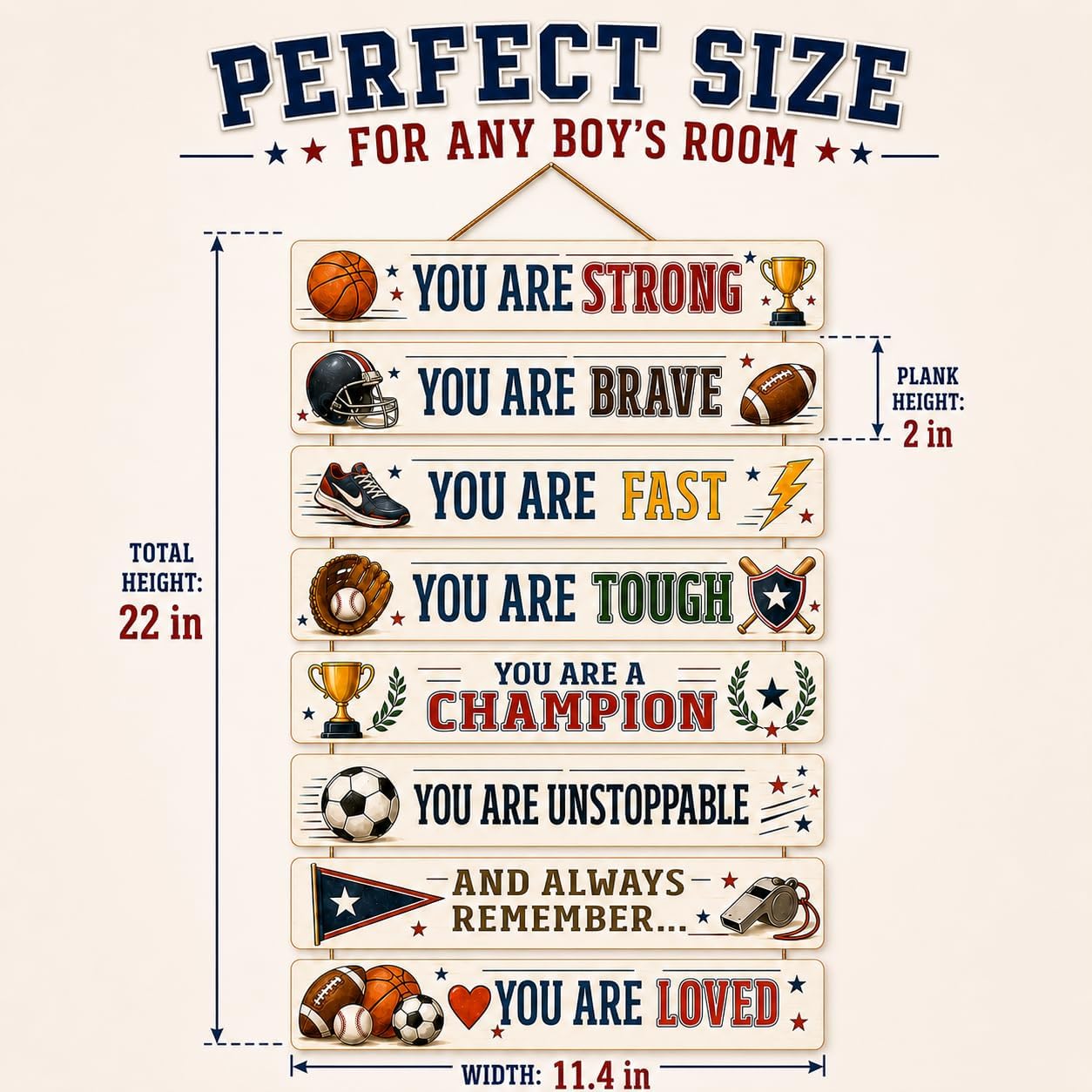 BeautiFan Motivational Wall Decor with LED Lights for Boys, Vintage Sports Positive Affirmation Wooden Hanging Sign for Kids Bedroom, Baseball Basketball Football Soccer Room Décor