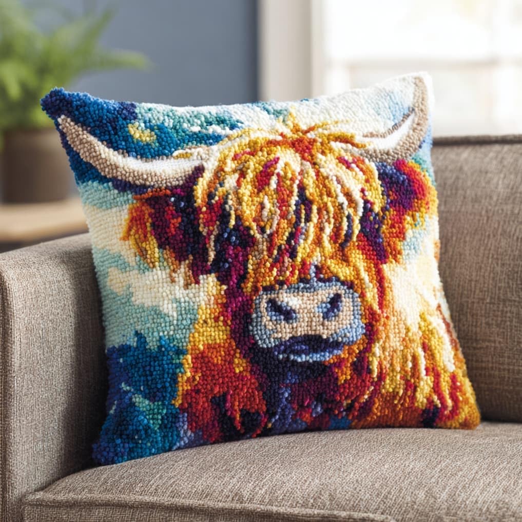 Taxpy Latch Hook Cushion Kits Highland Cattle Pillowcase Kits Embroidery Kit 17X17 Inch DIY Needlework Pillow Cover Sofa Cushion Rug Making