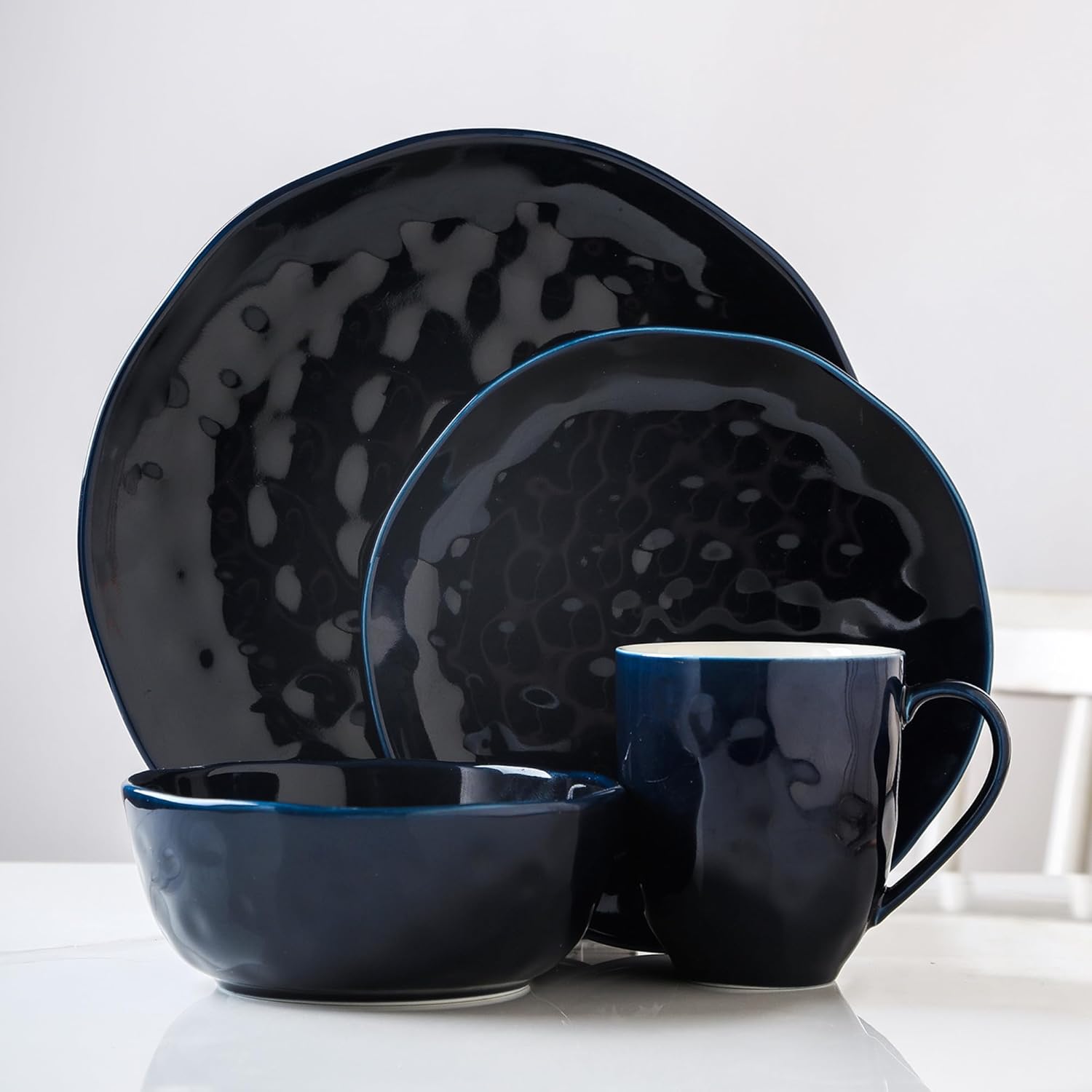 Navy Blue Porcelain 24-Piece Dinnerware Set with Textured Accent