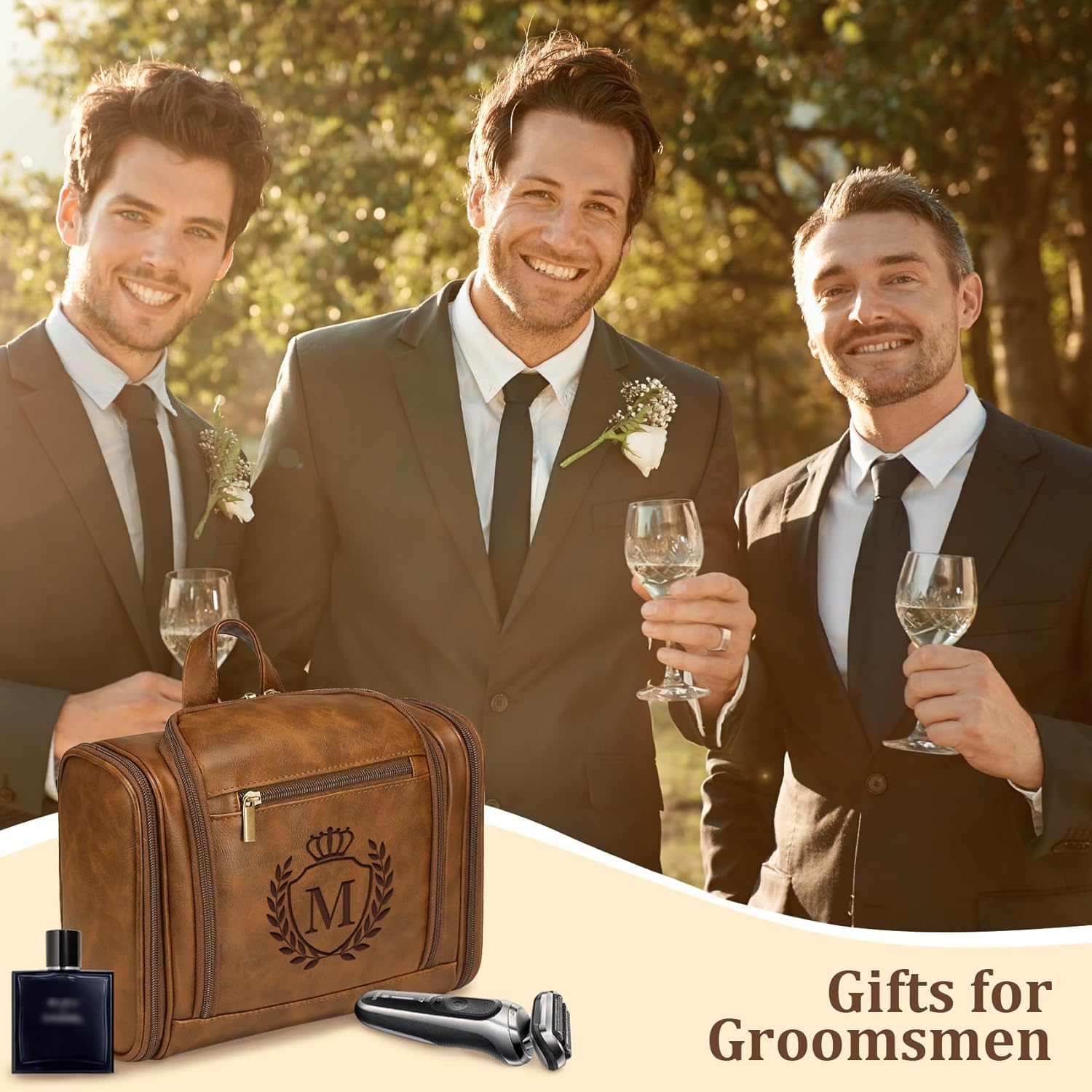 Personalized Mens Large Leather Travel Toiletry Bag Hanging Dopp Kit Grooming with Laser Engraved Initials, Custom Monogrammed Gifts for Groomsmen Groom Boss Friend Brother, Mustard Letter P