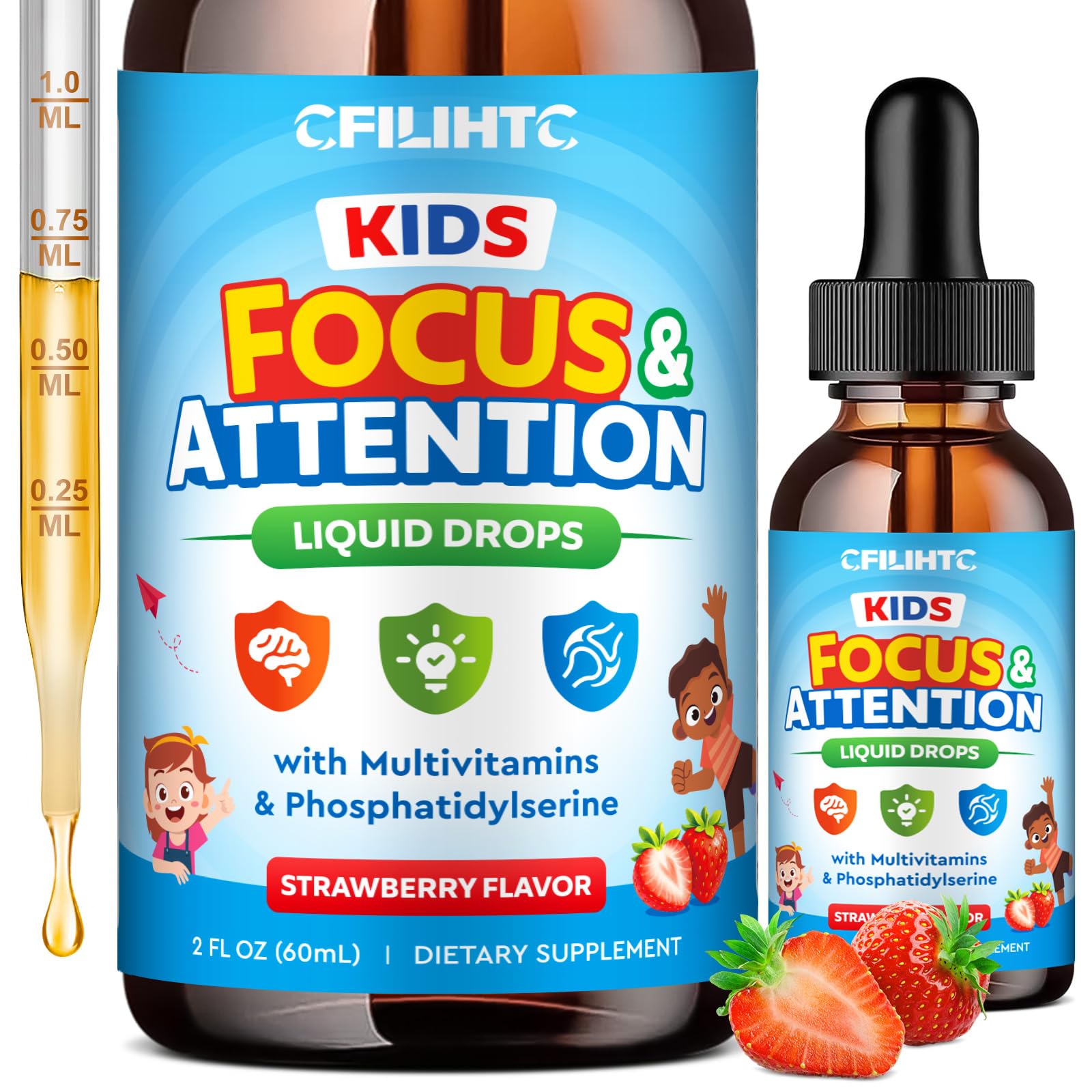 Kids Focus and Attention Supplements with Phosphatidylserine, Omega-3, Magnesium Glycinate & L-Theanine, Brain Vitamins Liquid Drops for Kids Memory, Cognitive, Sleep, Calm & Mood, Strawberry, 2 Fl Oz Strawberry 2 Fl Oz (Pack of 1)
