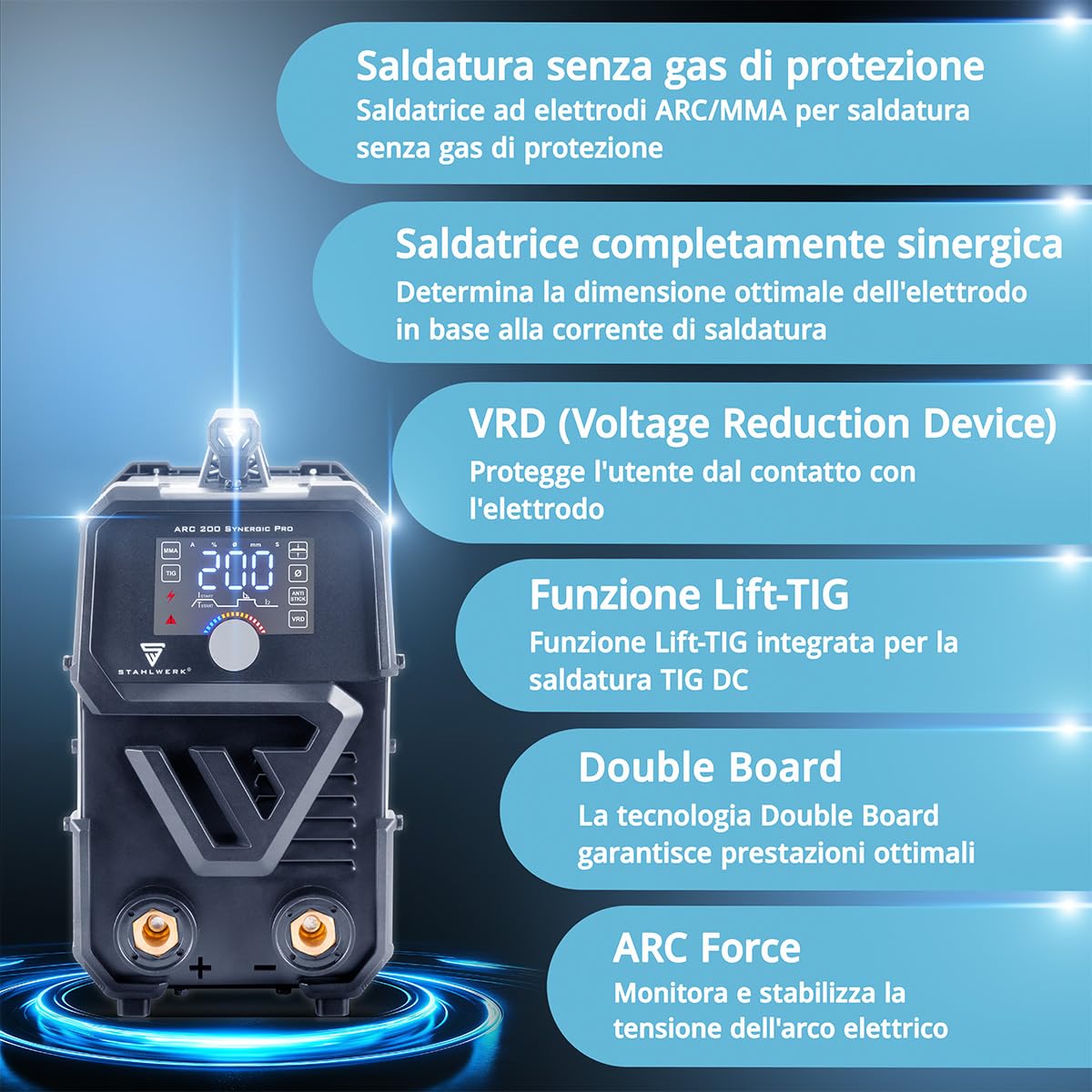 STAHLWERK Saldatrice ad elettrodo ARC 200 Synergic Pro Digitale – MMA fino a 200 A, saldatura senza gas, Inverter Lift-TIG, Hotstart, Anti-stick, Smart Cooling
