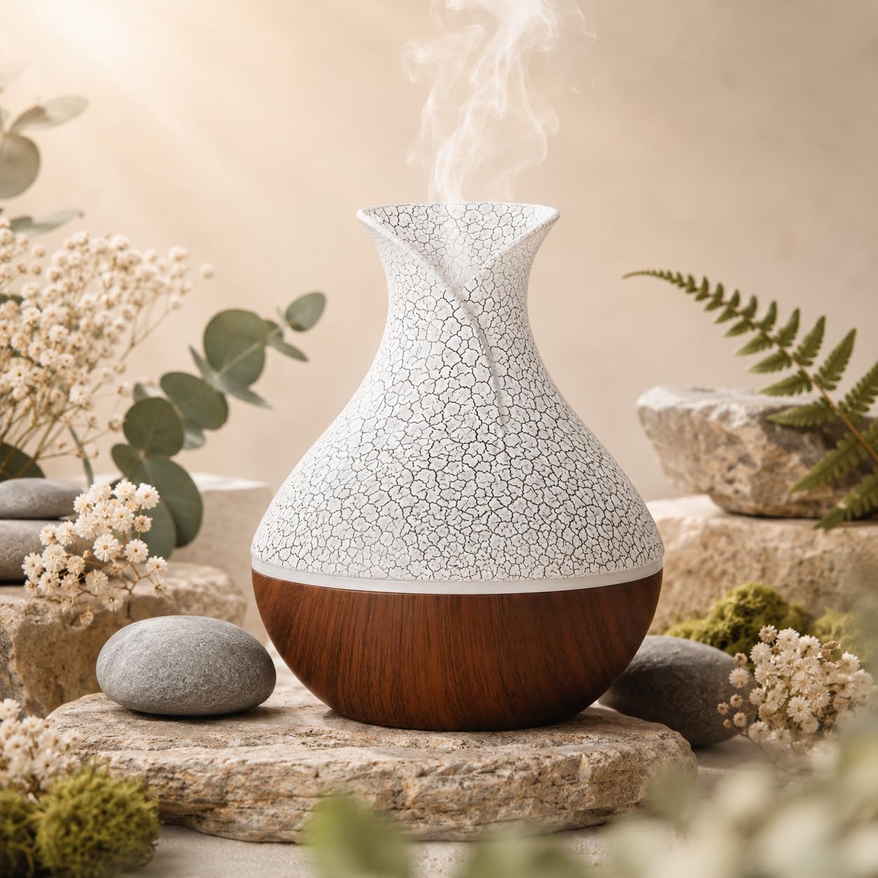 Wood Grain Aroma Diffuser with LED Light Ring and USB Cable (Brown and White Crystal)-image-34