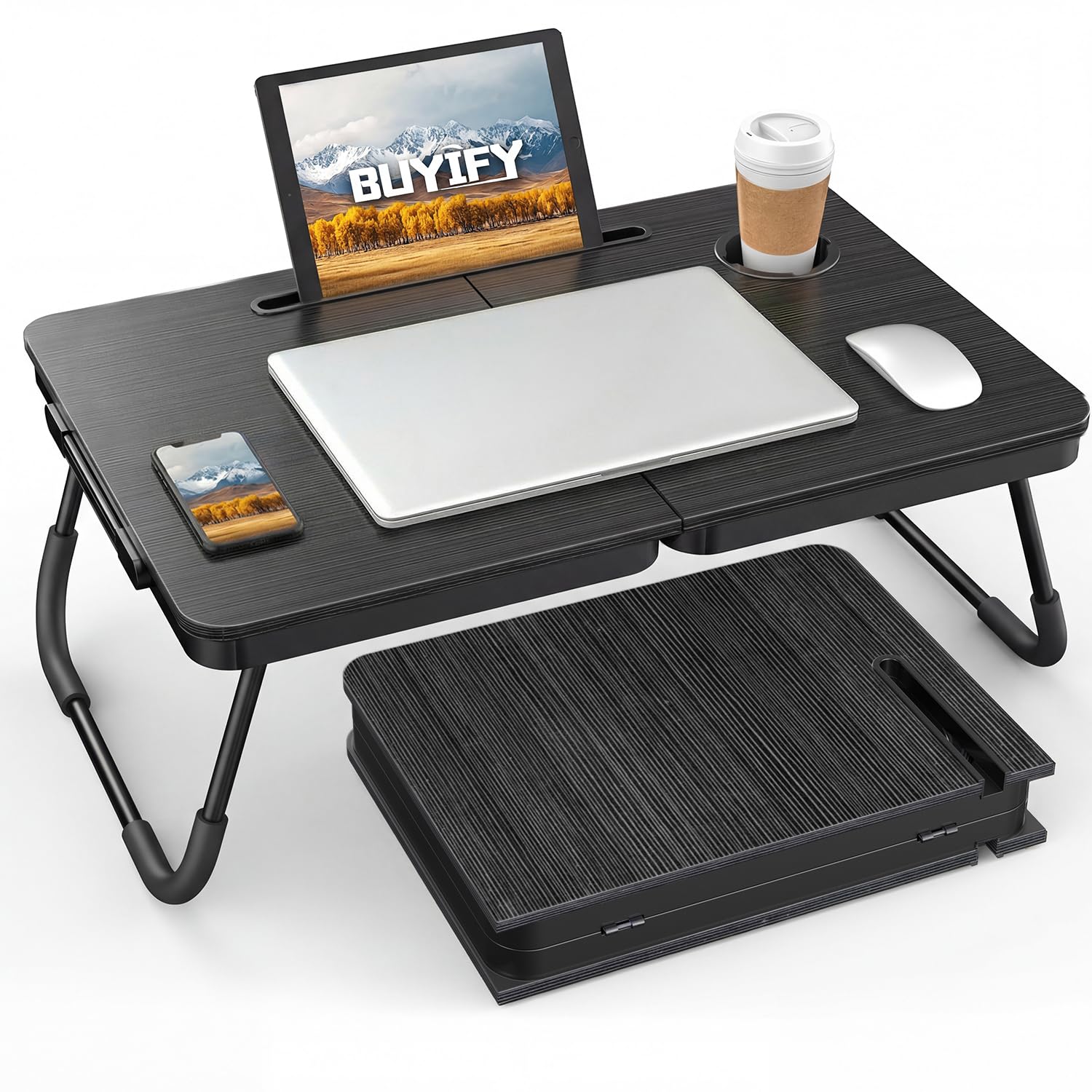 BUYIFY Foldable Laptop Bed Desk for Couch, Sofa - Large Lap Desk Tray Table with Cup Holder and Tablet Slot - Portable Notebook Stand for Eating, Writing, Studying and WFH (Black)- USA Original Patent