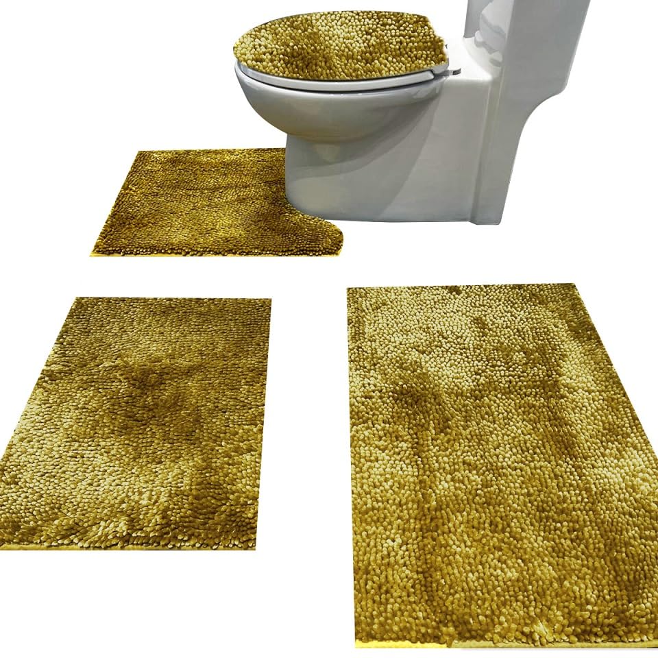 Madeals Chenille Bath Rug Sets 4 Piece with Toilet Lid Cover and Rug Set Combo, Soft Shaggy Bath Rug Set 3 Piece and U-Shaped Toilet Floor Rug Golden
