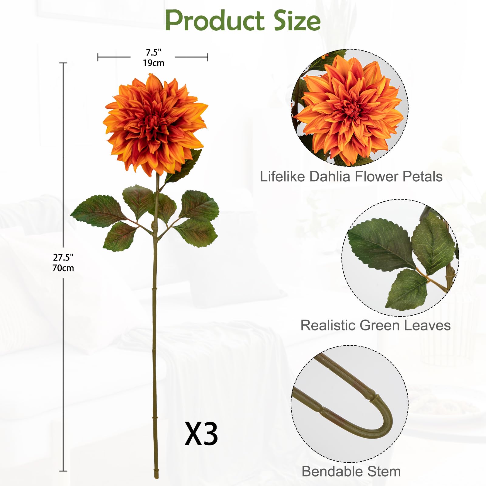 Hollyone 7.5'' Large Artificial Dahlia Flowers with Long Stems, 3pcs Orange Fake Flowers Faux Dahlias - Image 2