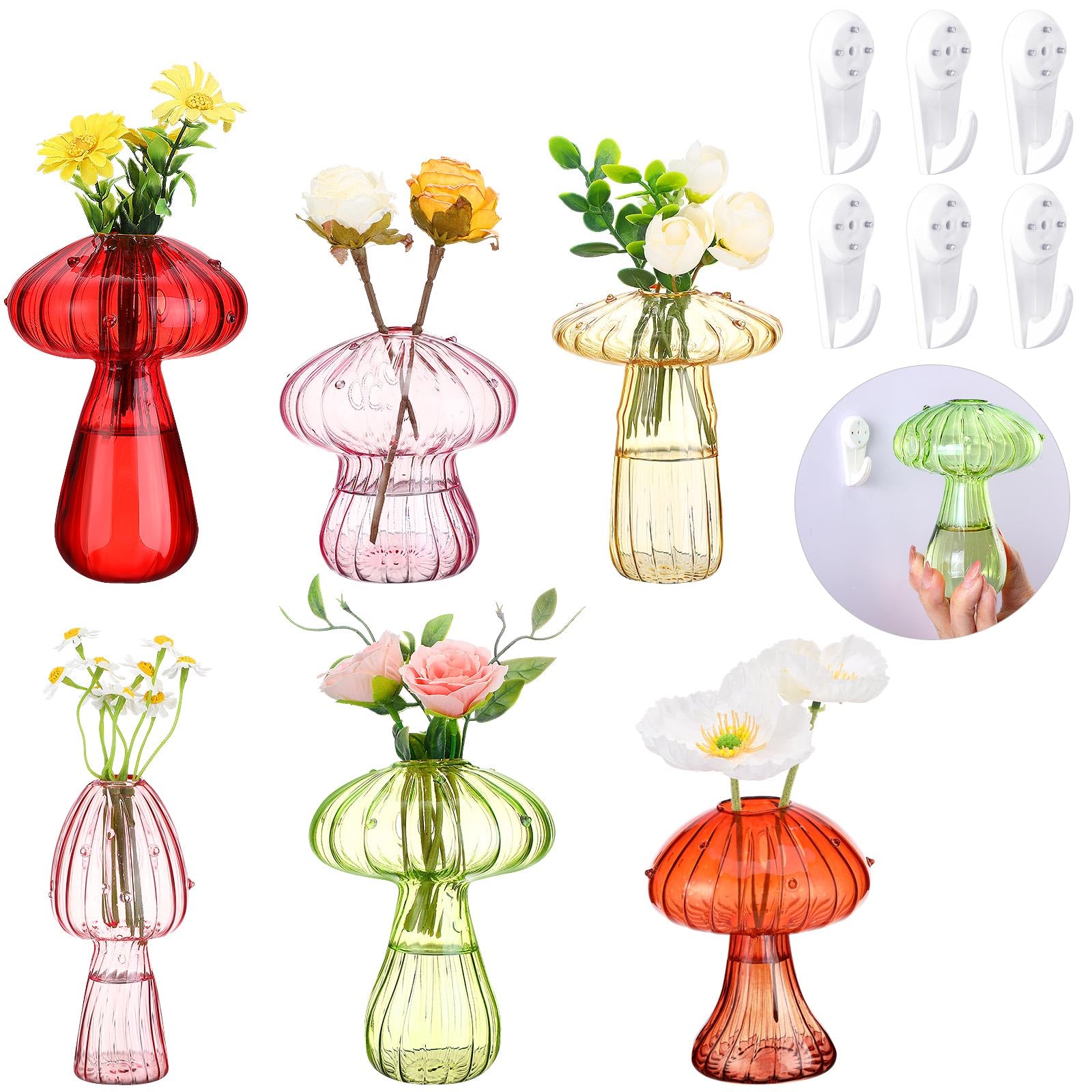 6 Sets Mushroom Wall Vases for Flowers Colored Plant Propagation Station Cute Mushroom vase Small Glass Vases Hydroponic Bud Vase with Hook for Home Room Office Windowsill Decorations