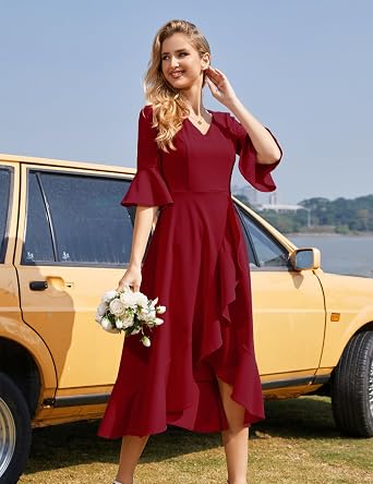 HomRain Women's Wedding Guest Dress Elegant Formal Cocktail Bell Sleeve Dress for Prom Homecoming Tea Party