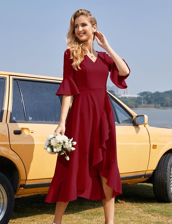 HomRain Women's Wedding Guest Dress Elegant Formal Cocktail Bell Sleeve Dress for Prom Homecoming Tea Party