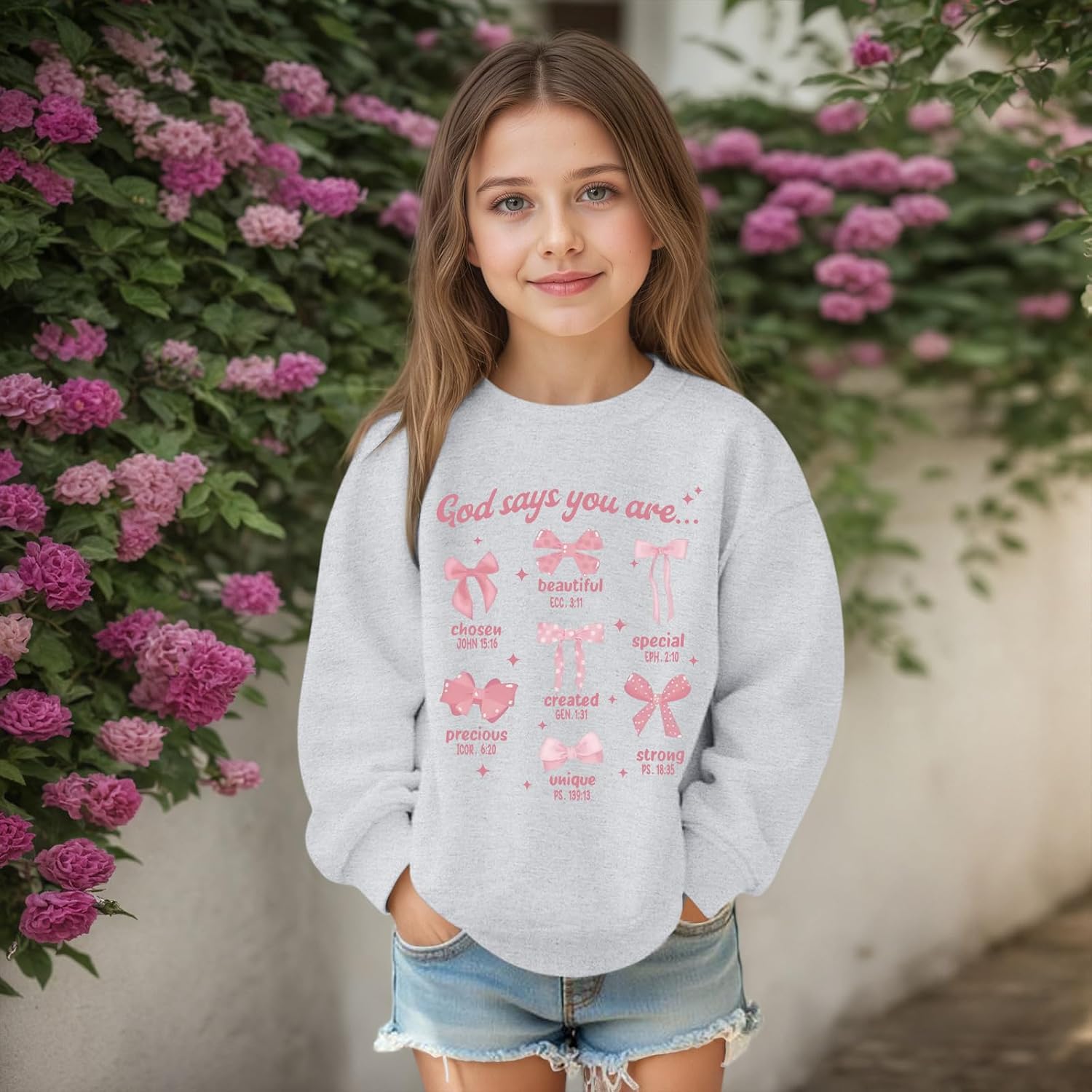 KEEVICI Cute Girls Bow Graphic Sweatshirt Christian Hoodies For Kids God Kawaii Hoodie Letter Pullover Long Sleeve Shirts Top