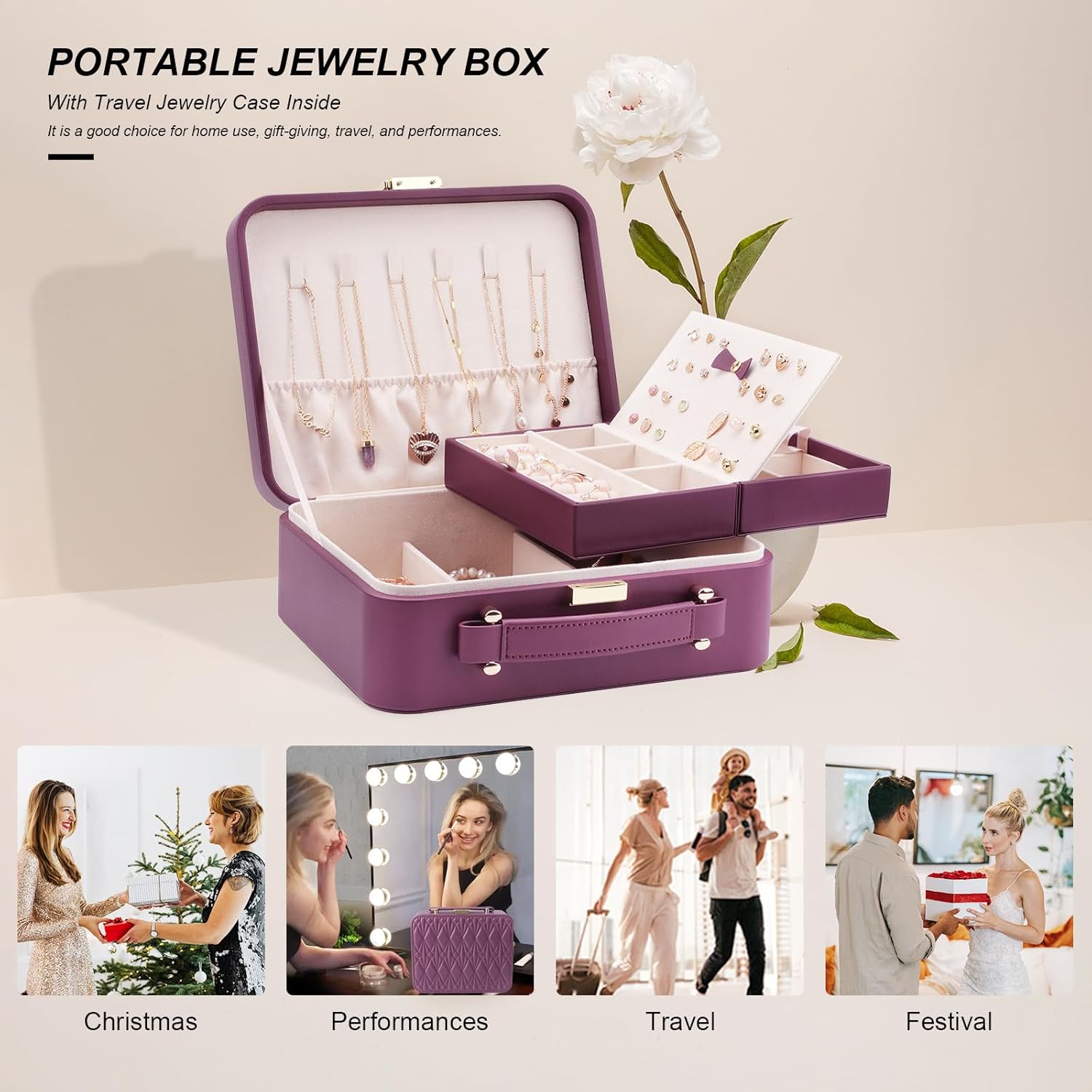 Travel Jewelry Case Organizer, Large Travel Jewelry Organizer, Travel Jewelry Box and Portable Travel Jewelry Case, Burgundy Red - Image 8