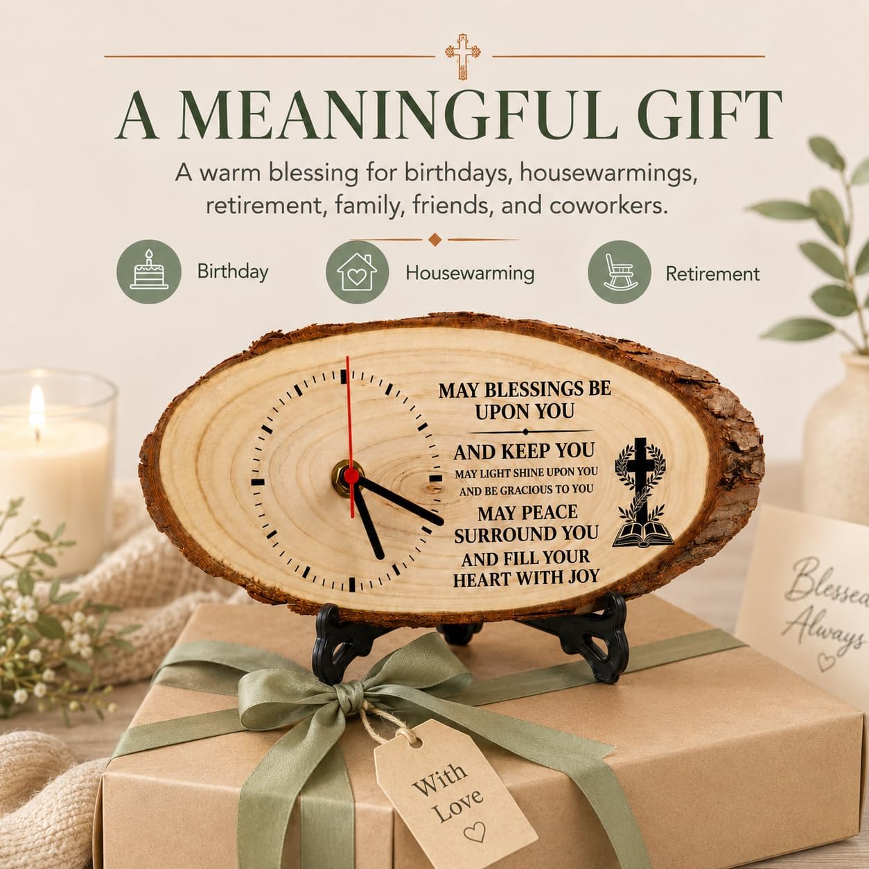 Christian Wooden Clock with Printed Blessing Quote, Religious Inspirational Desk Clock Gift for Pastor Deacon Church Friends, Retirement Appreciation Birthday Housewarming Gift for Men Women