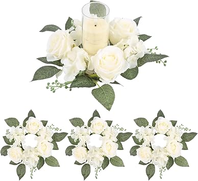 4PCS Candle Rings, Floral Candle Wreath Rings, Silk Roses Hydrangea Flowers Candle Wreaths Rings for Table Centerpieces Wedding Valentines Day Party Decor Cream White