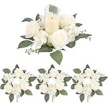 4PCS Candle Rings, Floral Candle Wreath Rings, Silk Roses Hydrangea Flowers Candle Wreaths Rings for Table Centerpieces Wedding Valentine's Day Party Decor Cream White