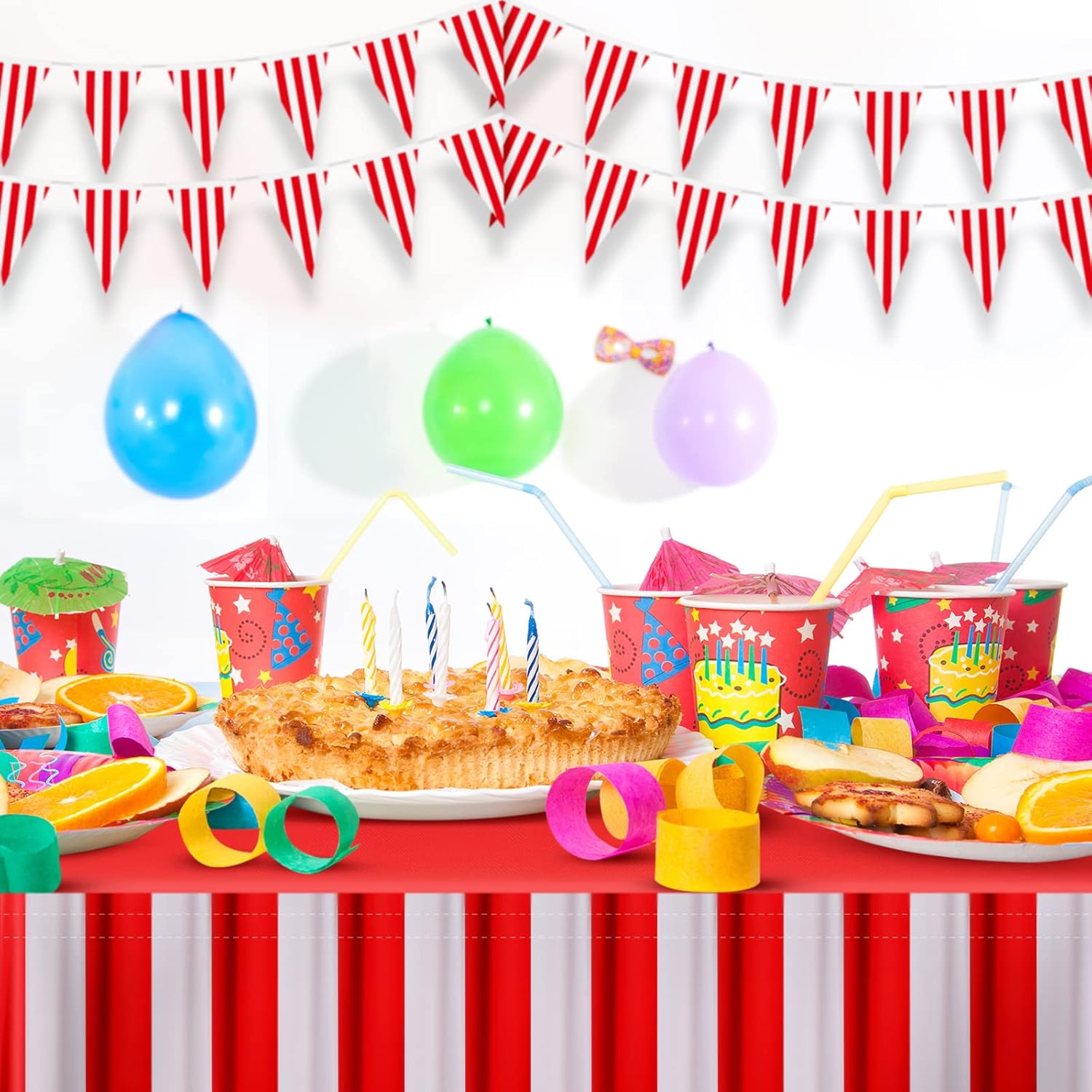 25 Pieces Carnival Theme Party Decors Carnival Table Skirts Circus Theme Tablecloths Red White Striped Pennant Banners Circus Bunting Banners Decors