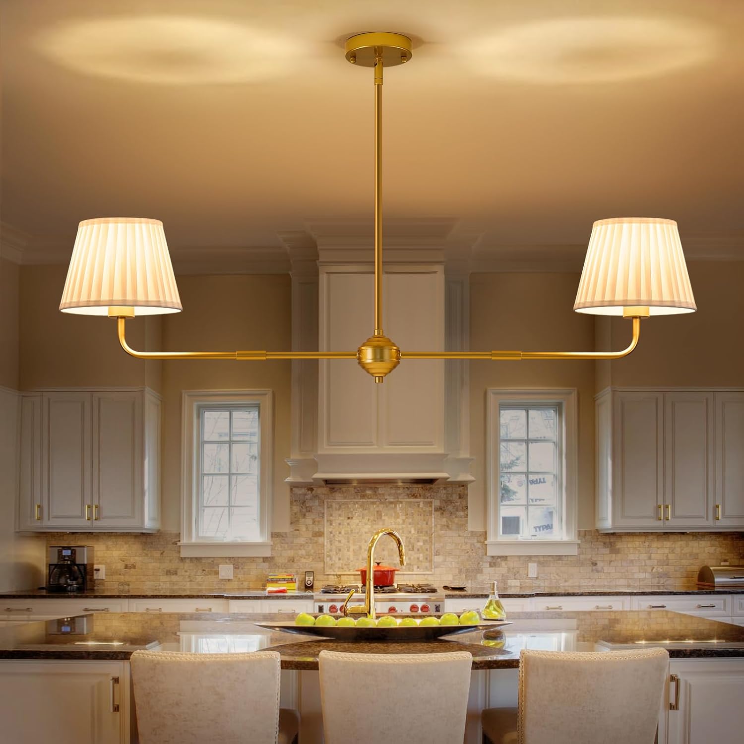 Karjear Gold Linear Chandelier, 43.3" Modern Linear Dining Room Light Fixtures, Double Kitchen Island Lighting with White Fabric Shade for Dining Room Kitchen Restaurant Living Room, LTMM08-2BG