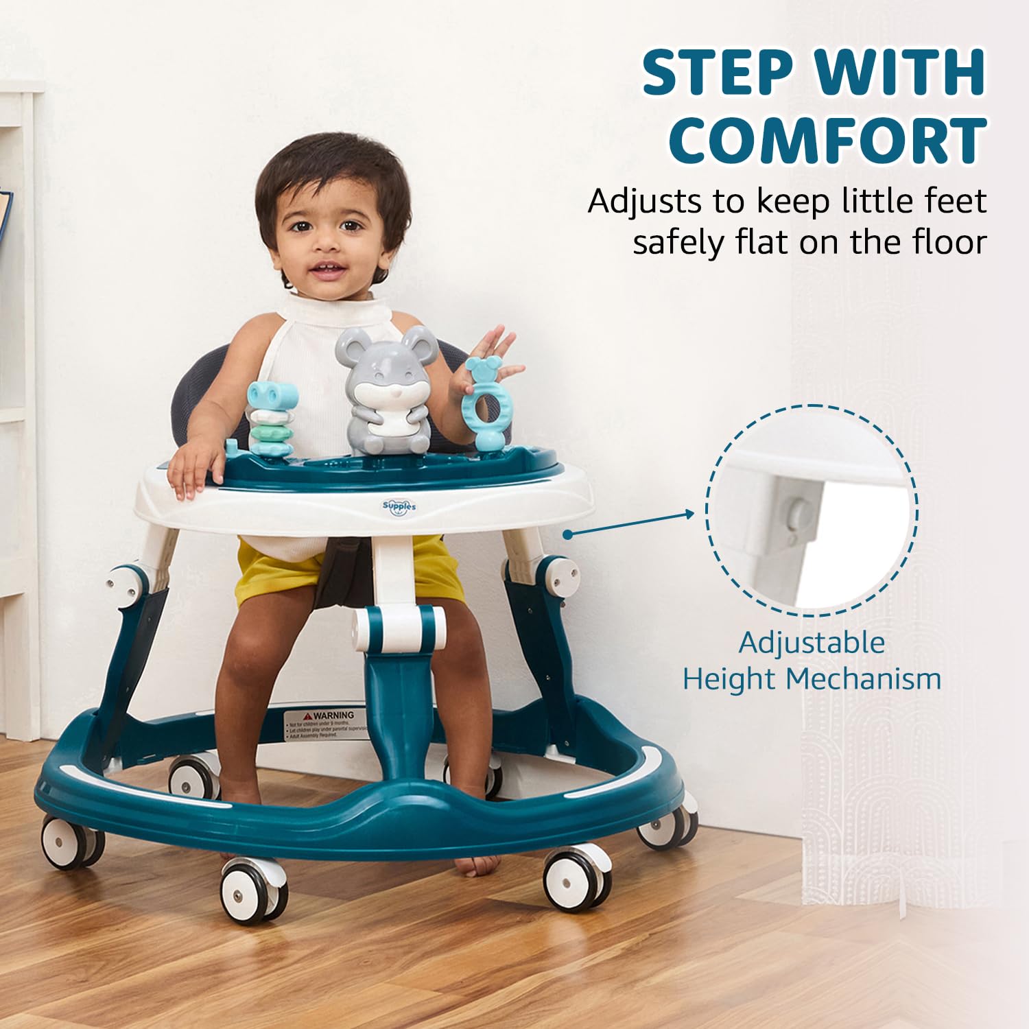 Amazon Brand - Supples Baby Walker (Musical) | Kids Walker with Toys | Baby Walkers for Boys & Girls 9+ Months | Adjustable Height Walker with RGB Lights | Sea Green & White - Image 2 thumbnail