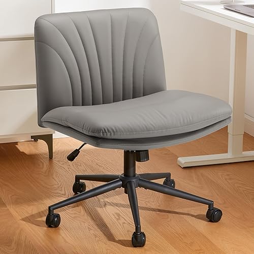 Marsail Armless-Office Desk Chair with Wheels: PU Leather Cross Legged