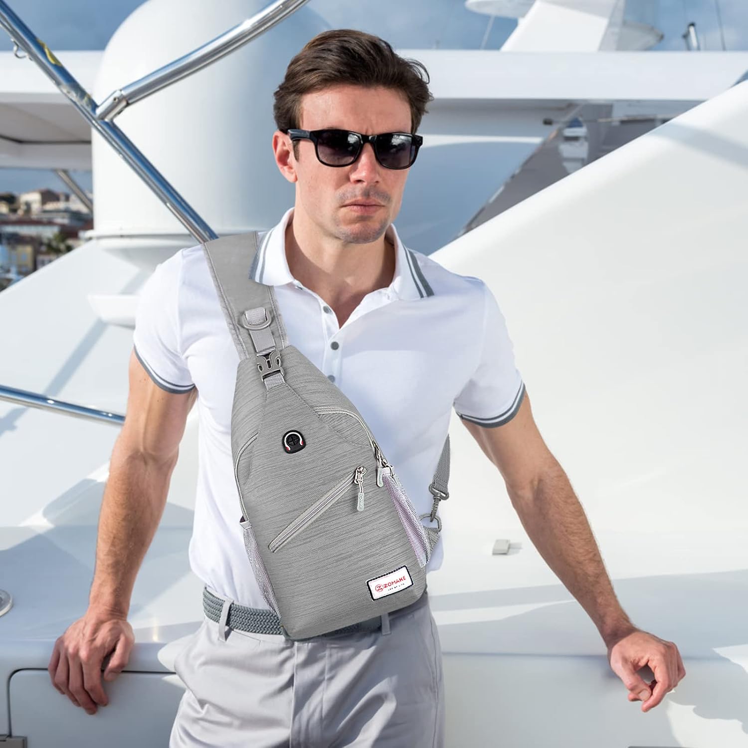 ZOMAKE Sling Bag,Small Crossbody Sling Backpack,Water Resistant Shoulder Daypack for Travel,Anti Thief Chest Bag for Hiking(Grey(Stripe)) - Image 7