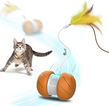 PAWSPIK Feather Tail Rechargeable Spinner Chasers Cat Toy, Orange Interactive Self-Rolling Moving Cat Toy with 3 Speed Modes, Feather & Bell Attachments