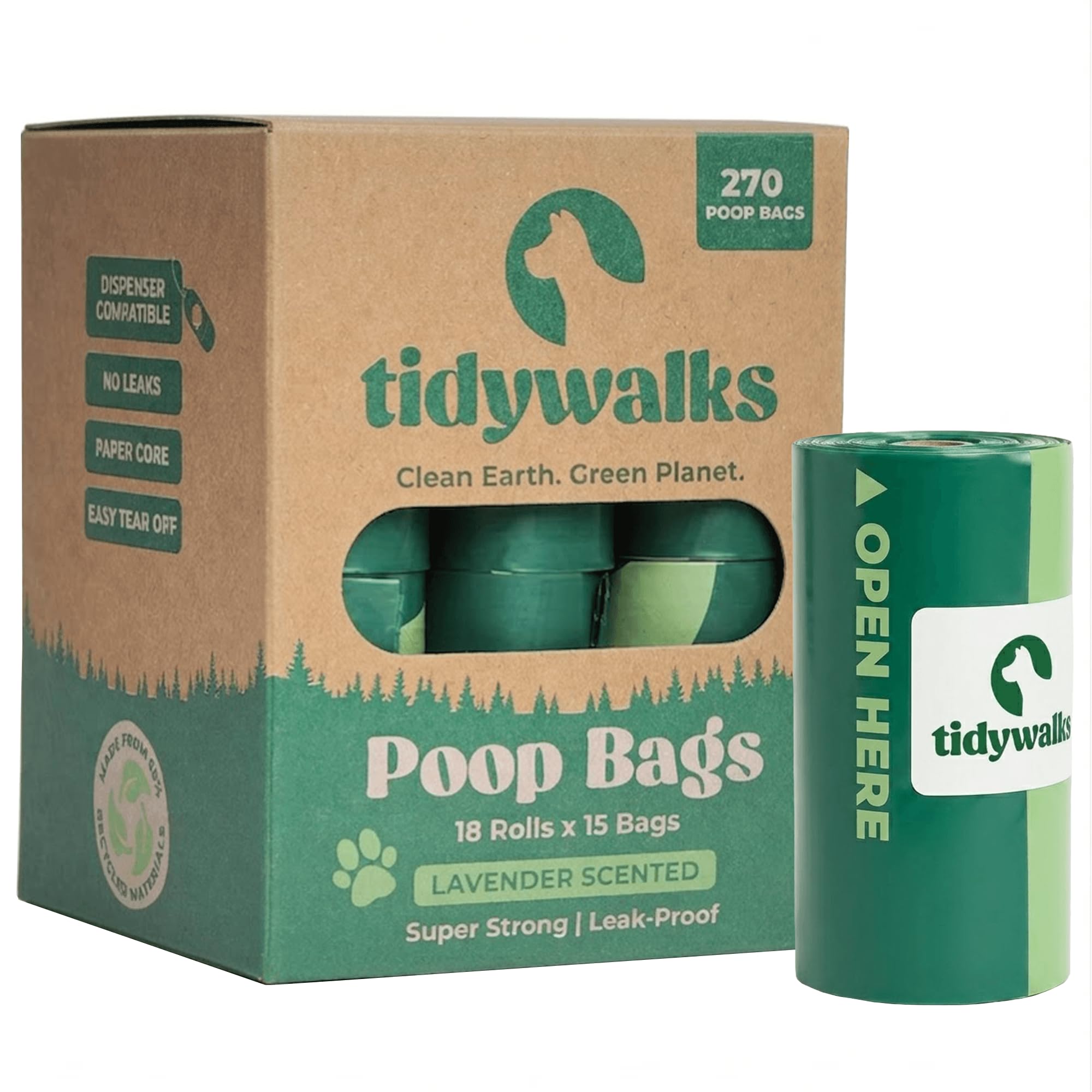 Tidy Walks Dog Poop Bags Refill Rolls, 270 Dog Waste Bags (18 Rolls x 15) – Recycled, Thick & Leak Proof, Lavender Scented, Large Dog Poo Bags 33 x 22 cm, Fits Standard Dispensers, Dark Green