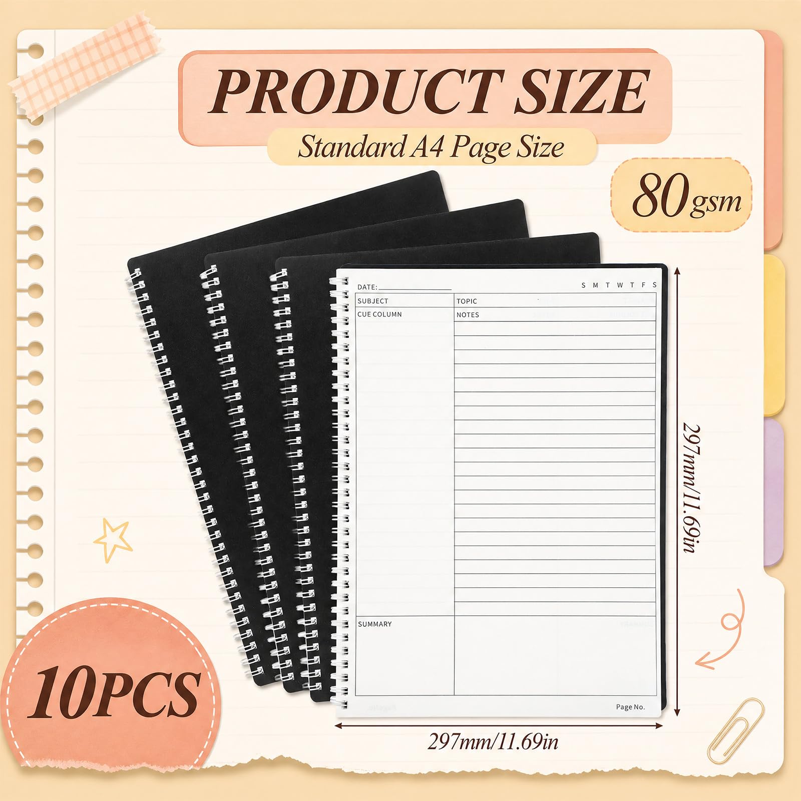 Resurhang Paquete de 10 cuadernos de notas Cornell A4, 8.5 x 11 pulgadas, cuadernos de espiral Cornell para tomar notas, cuaderno rayado universitario para escuela, oficina, negocios, hogar, 60 hojas