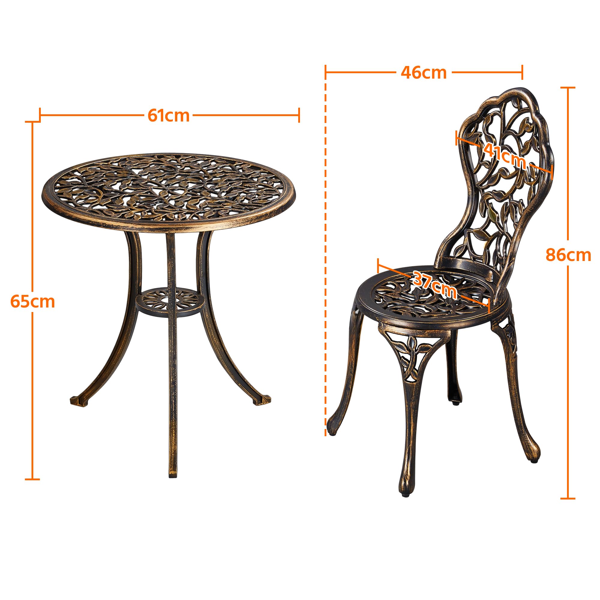 Yaheetech 3 Pieces Garden Furniture Set 2 Chairs & 1 Table Metal Bistro Set Seating Area Garden Set for 2 People, Weatherproof Furniture for Balcony/Terrace/Garden, Bronze